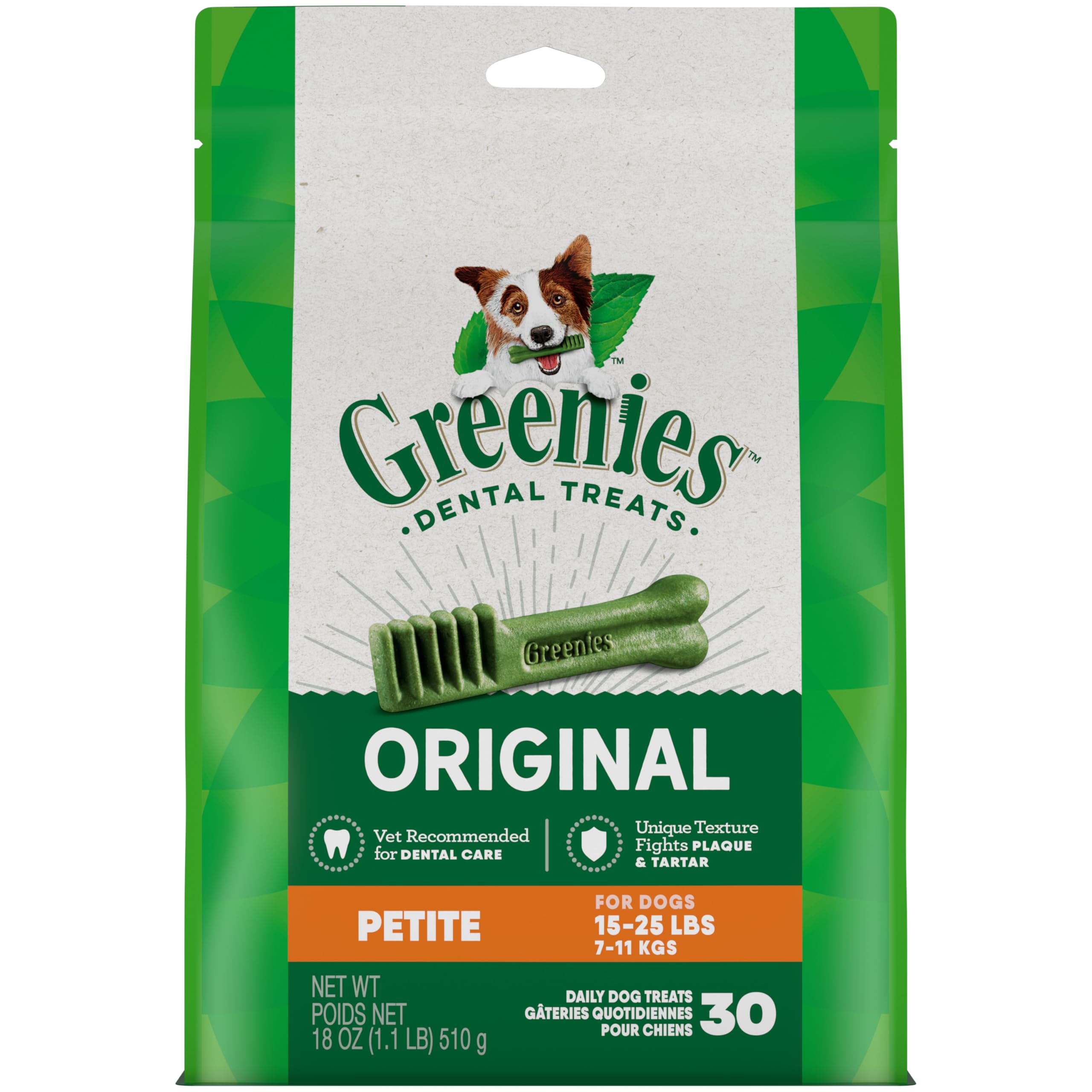 GREENIES Original Petite Natural Dog Dental Care Chews Oral Health Dog Treats, 18 oz. Pack (30 Treats)