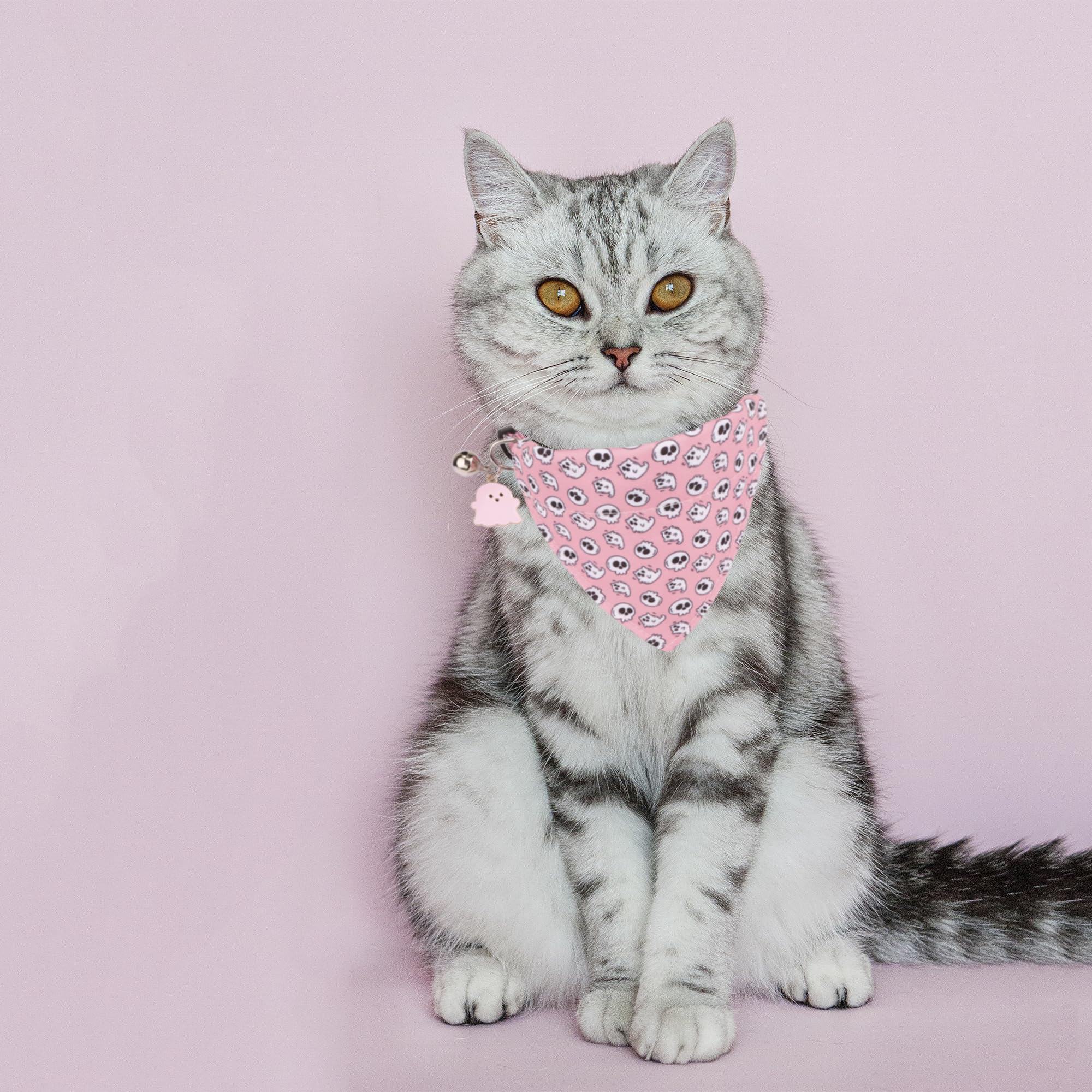 Adoggygo Pink Halloween Cat Collar With Bowtie Bell, 2 Pack Halloween Kitten Collar With Removable Bow, Pink Skull Ghost Collars
