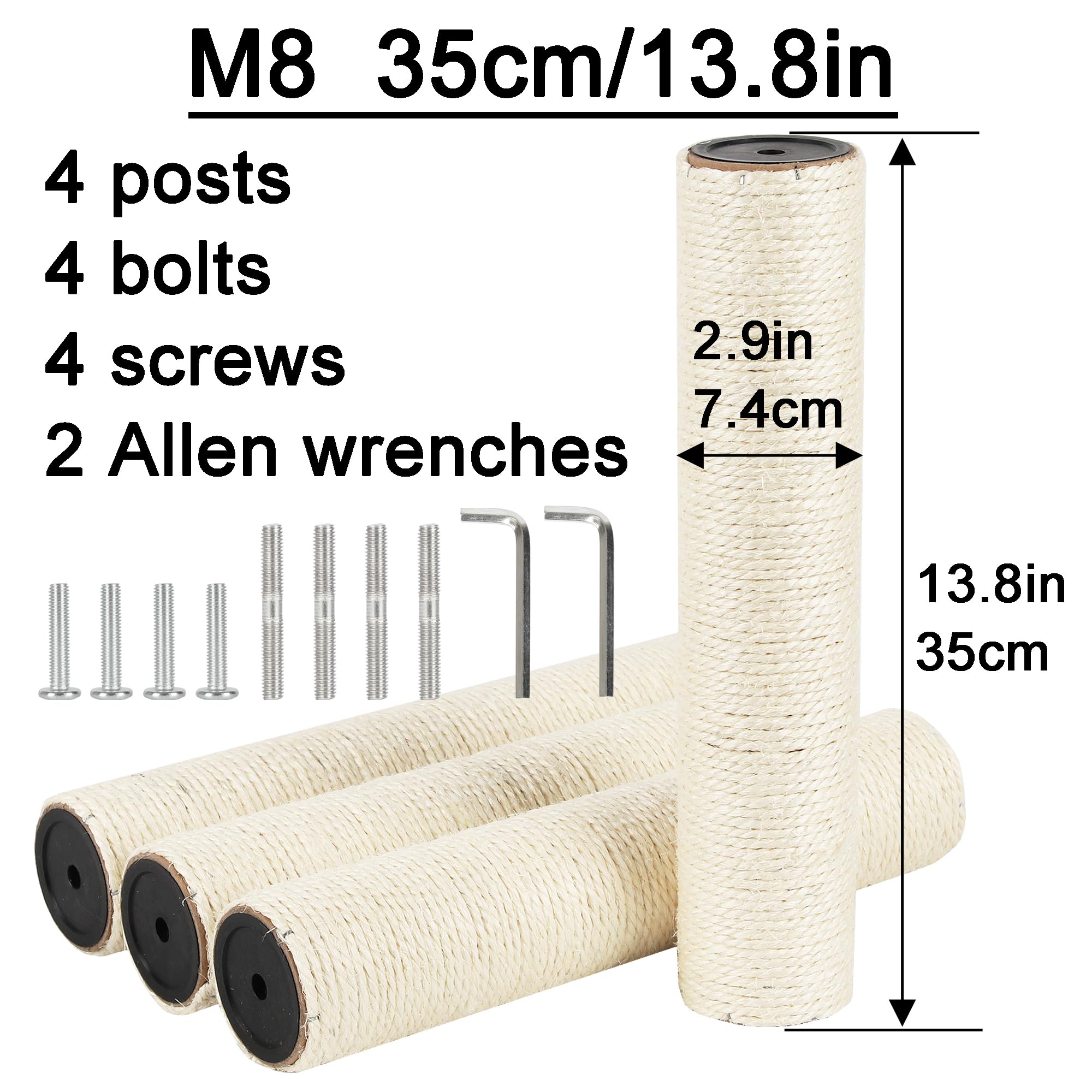Neumiharo 4 Pcs 2.9In 7.4Cm Diameter Cat Tree Scratching Post Sisal Replacement Pole Parts (M8, 13.8In/35Cm)