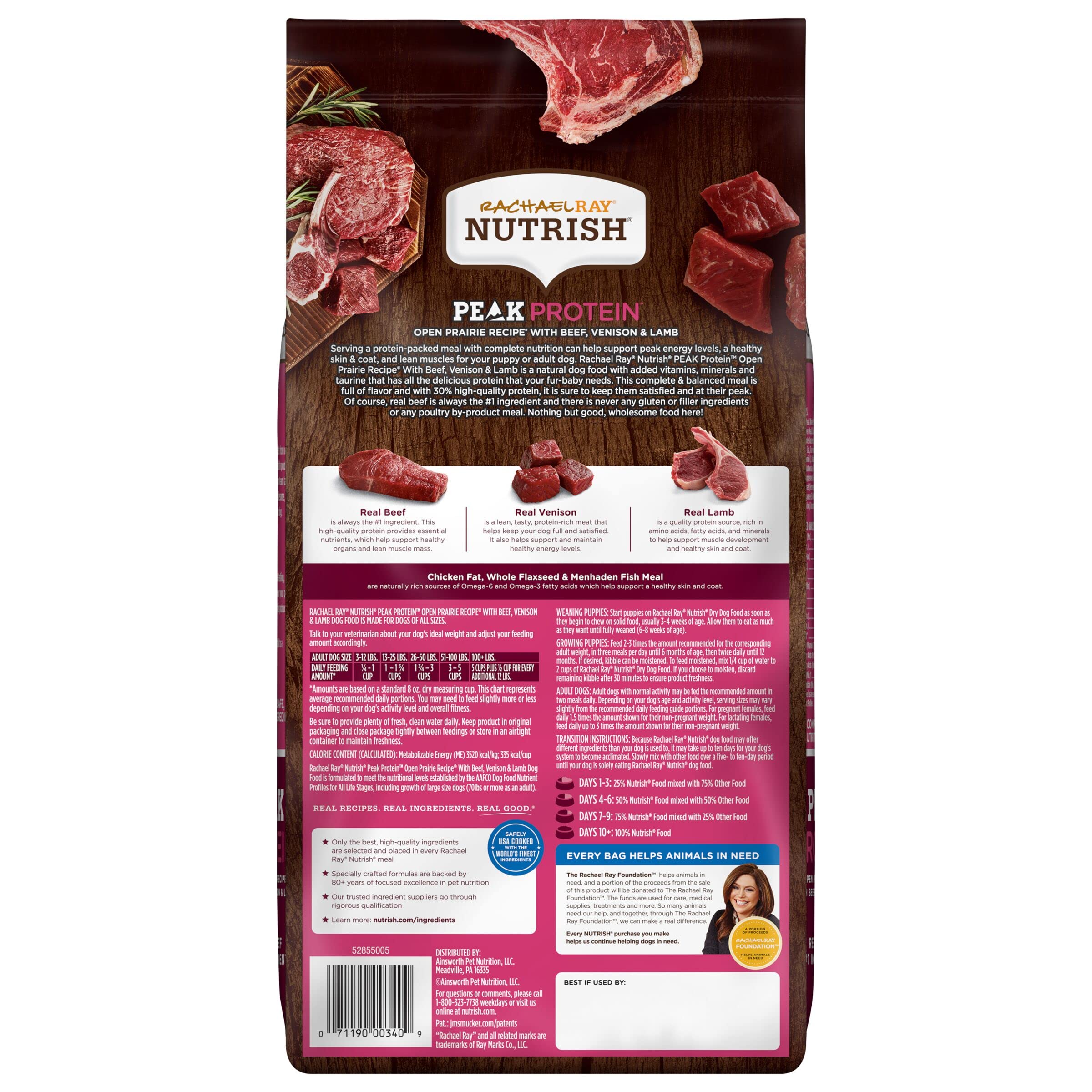 Rachael Ray Nutrish PEAK Natural Dry Dog Food, Open Prairie Recipe with Beef, Venison & Lamb, 4 Pound Bag, Grain Free (Packaging