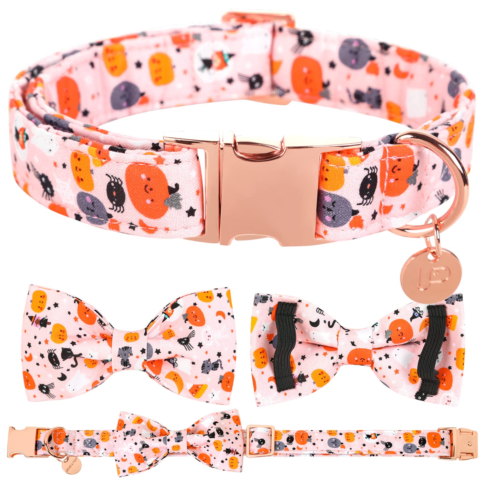 Up Urara Pup Halloween Dog Collar With Bow Tie, Pumpkin Cotton Bowtie Collar For Small Girl Dog, Female Halloween Bow Tie Collar With Durable Metal Buckle, Adorable Pet Collar, S, Neck 10-16In
