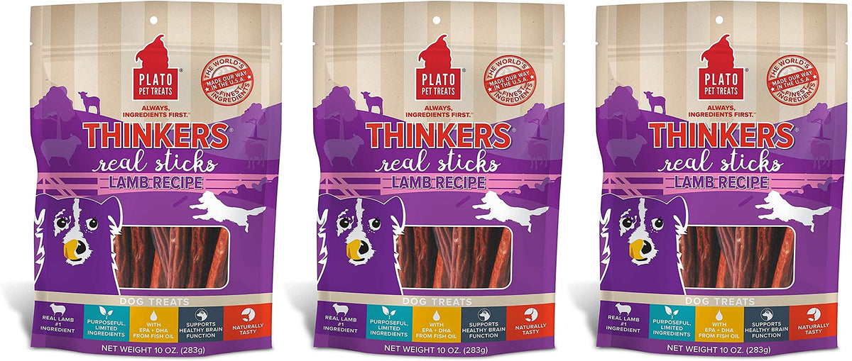 Plato 3 Pack Of Lamb Thinkers Real Meat Sticks Dog Treats, 10 Ounces Each, Limited Ingredient, No Wheat