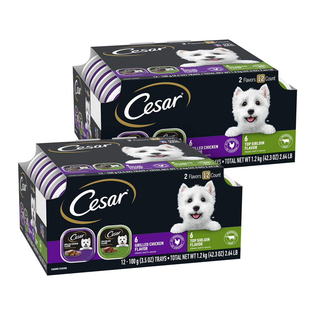Cesar Wet Dog Food Classic Loaf In Sauce Top Sirloin & Grilled Chicken Flavors Variety Pack, (12) 3.5 Oz. Easy Peel Trays, Pack Of 2