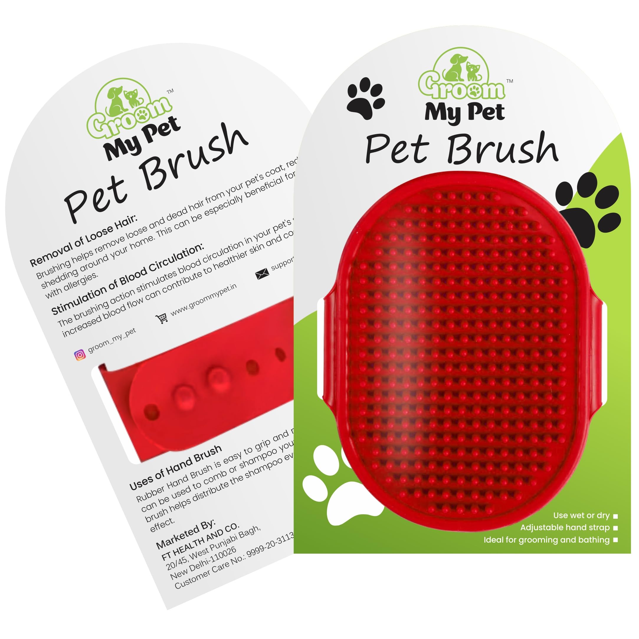 Groom My Pet Bathing & Grooming Hand Brush | Soothing Massage Rubber Bristles | Remove Loose Hair, Soft Comb Teeth & Promotes Bl