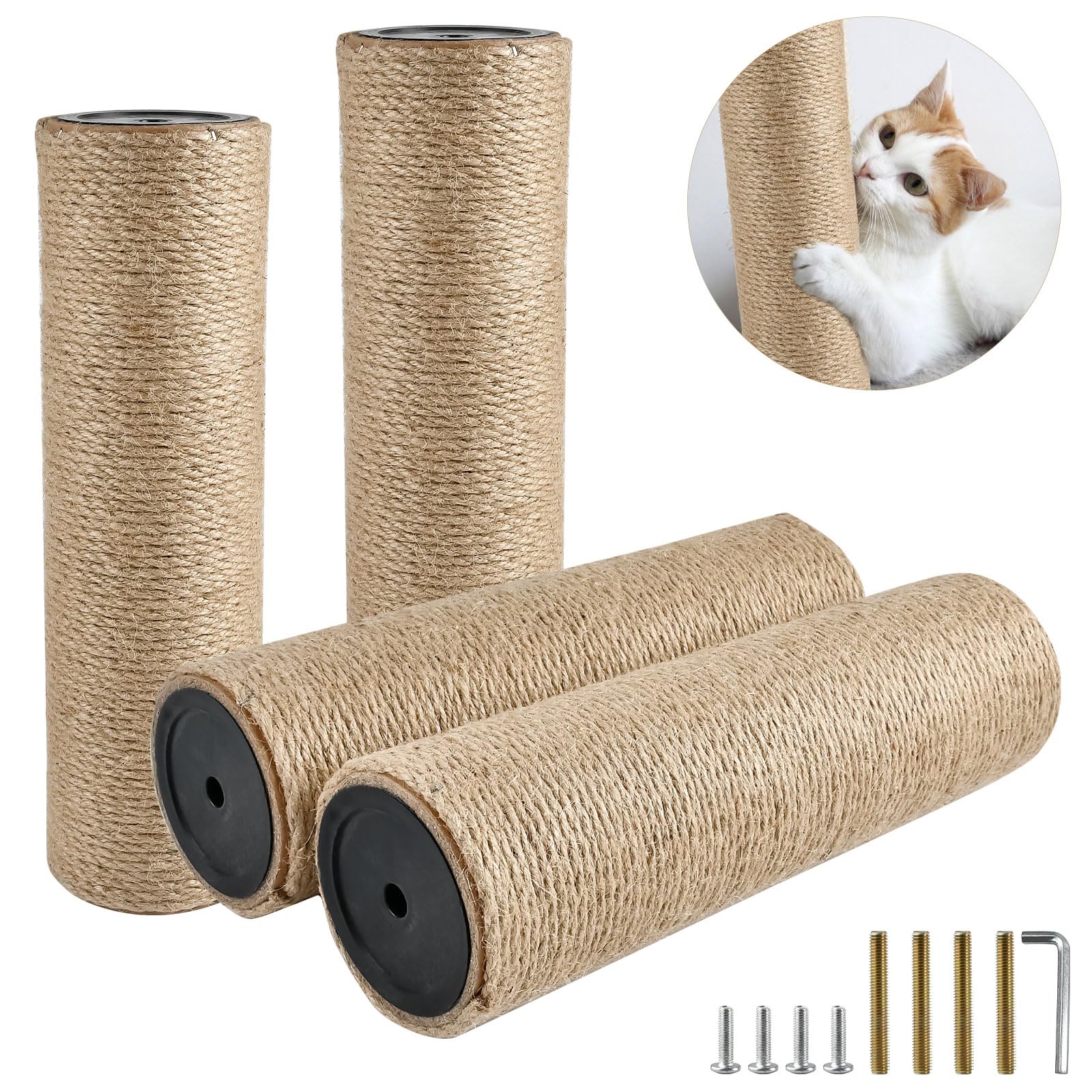 Lainballow 4 Pcs Cat Scratching Post Replacement, Natural Jute Pole Cat Tree Replacement Parts, Cat Scratch Pole with 8 M8 Screw