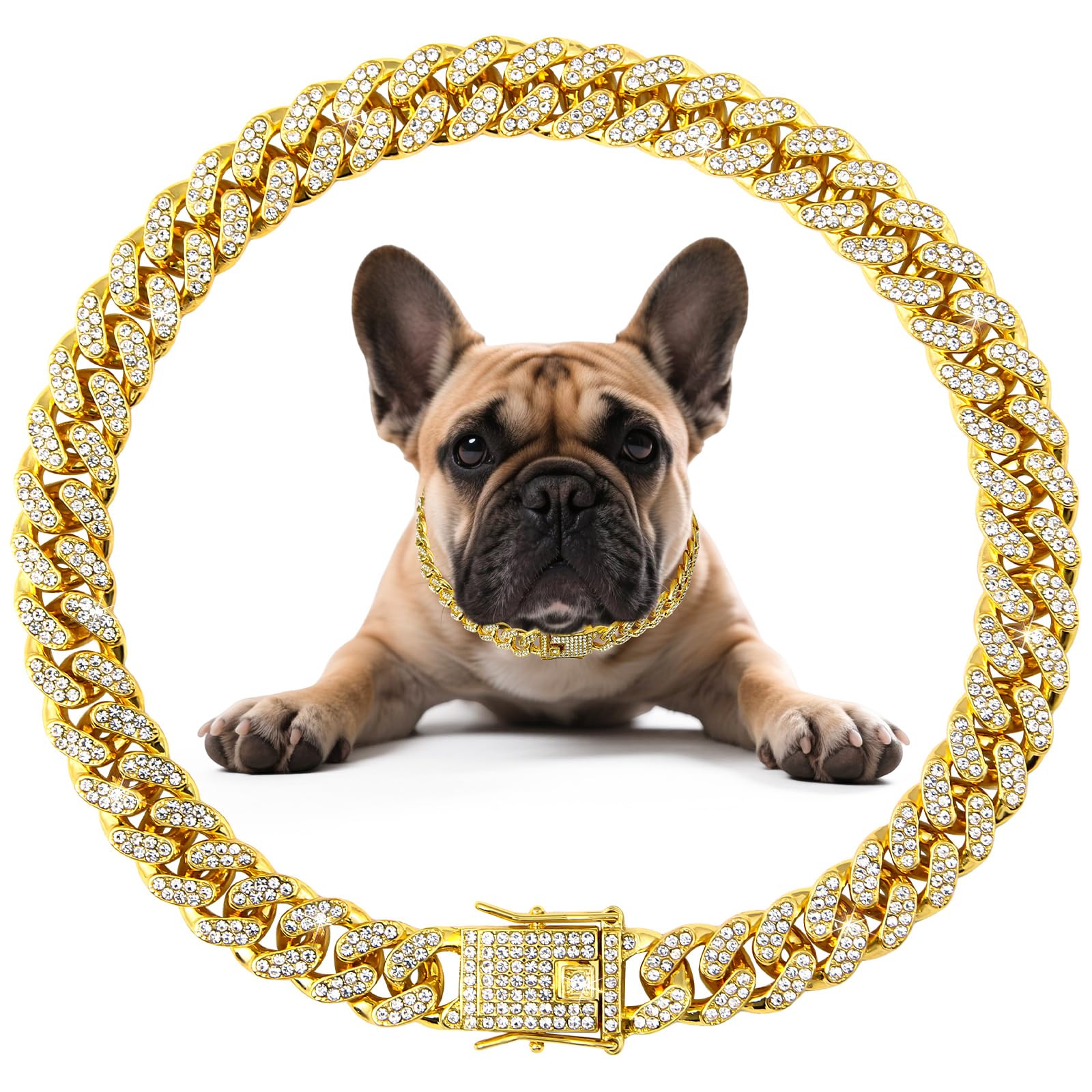 Cuban Link Dog Collar Gold Crystal Dog Necklace Metal Chain Collar With Design Secure Buckle Pet Collar Jewelry Accessories For 