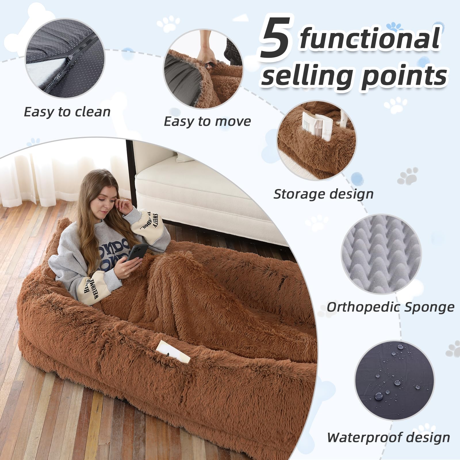 Human Dog Bed, Brown, 71''X45''X12'' Size Fits You And Pets, Washable Faux Fur Dog Bed For People Doze Off, Napping Orthopedic D