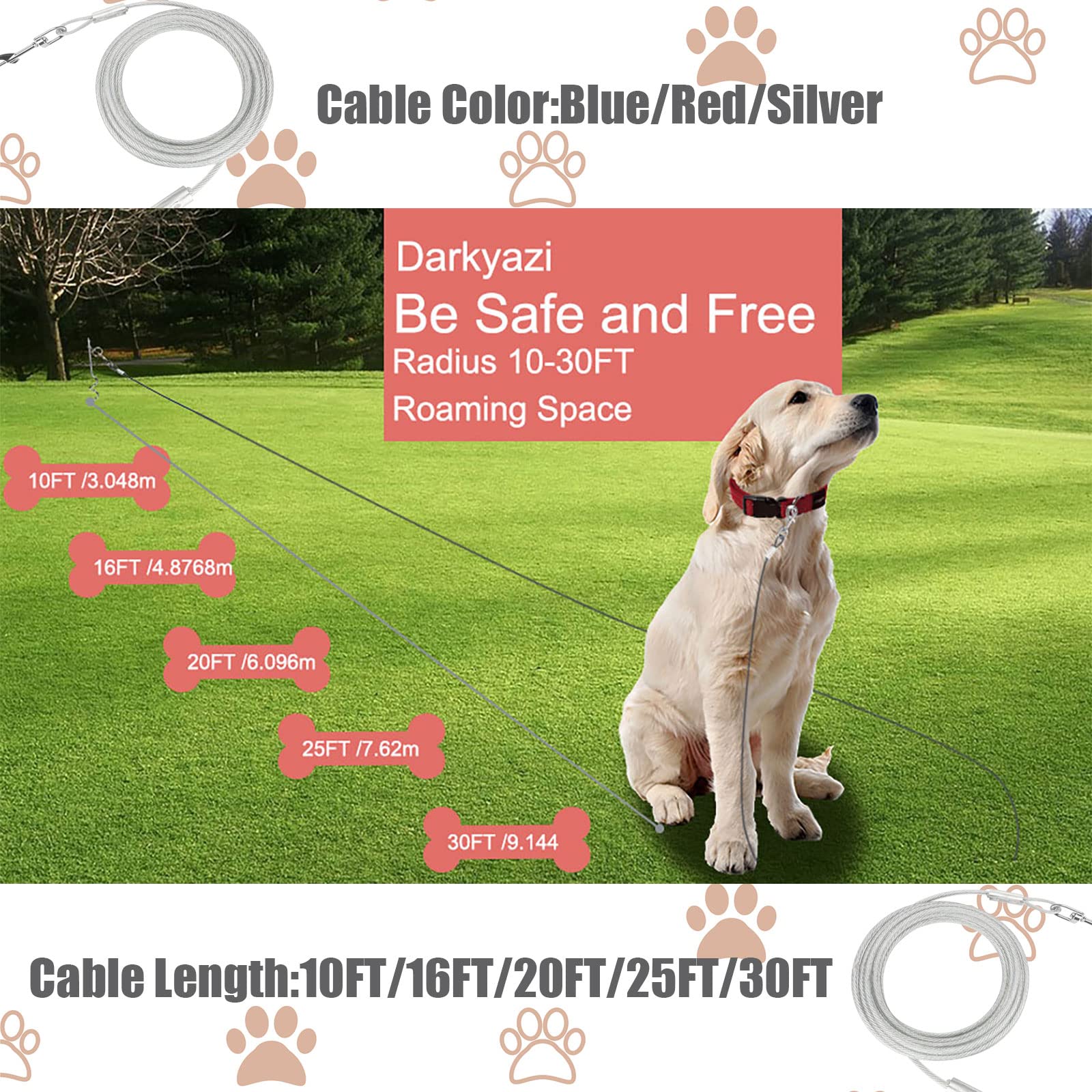 Darkyazi Dog Stake Tie Out Cable and Reflective Stake 16 ft Outdoor, Yard and Camping, for Medium to Large Dogs Up to 125 lbs (2