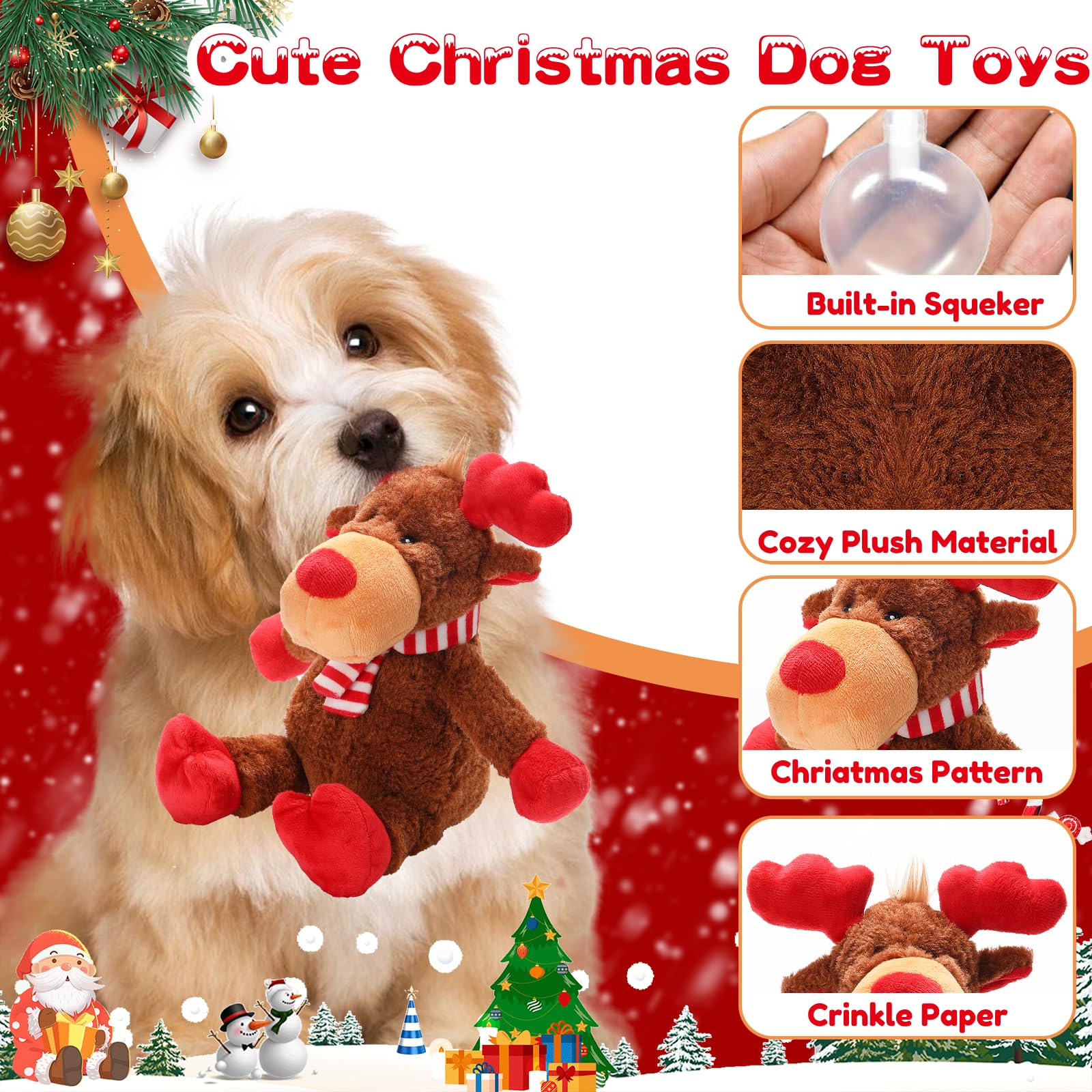 Christmas Squeaky Toys With Crinkle Paper, Plush Reindeer Interactive Stuffed Chew Toys, Gifts For Puppy, Small, Medium, Large D