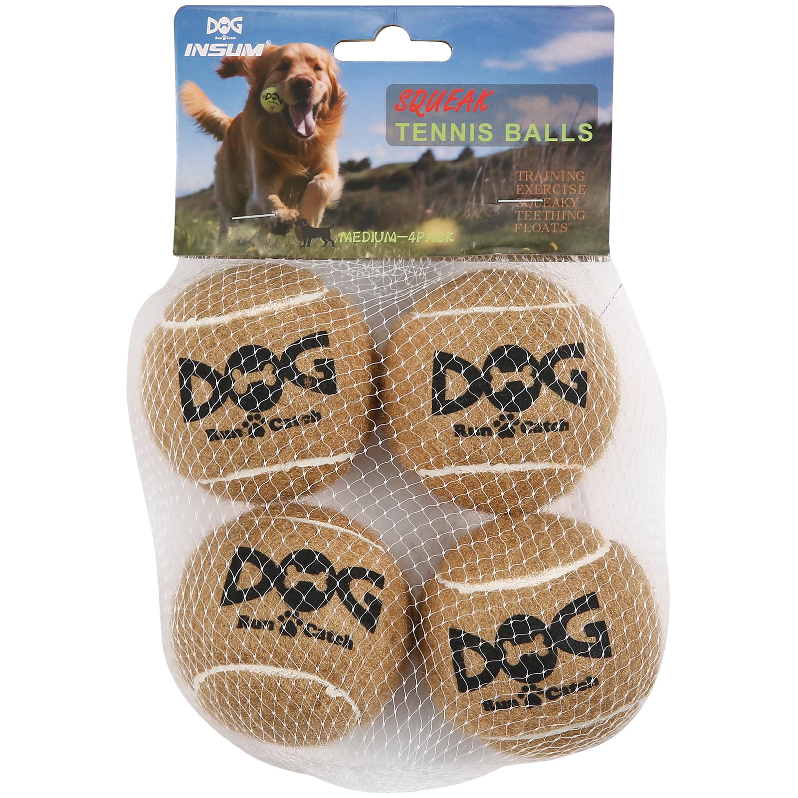 Insum Squeaky Dog Balls - Squeaky Tennis Balls For Dogs, Brown | Medium - 2.5'', 4Pack