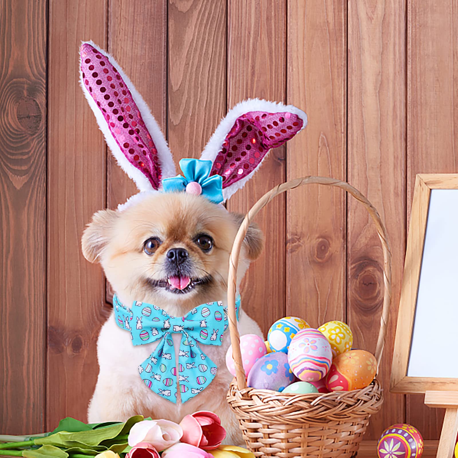 Babole Pet Dog Collar Easter Gift With Tie, Rabbit Egg Male Dog Collar With Safety Metal Buckle Adjustable Puppy Collars For Small Medium Large Boy & Girl Dog,M-Neck 13.5'-22'
