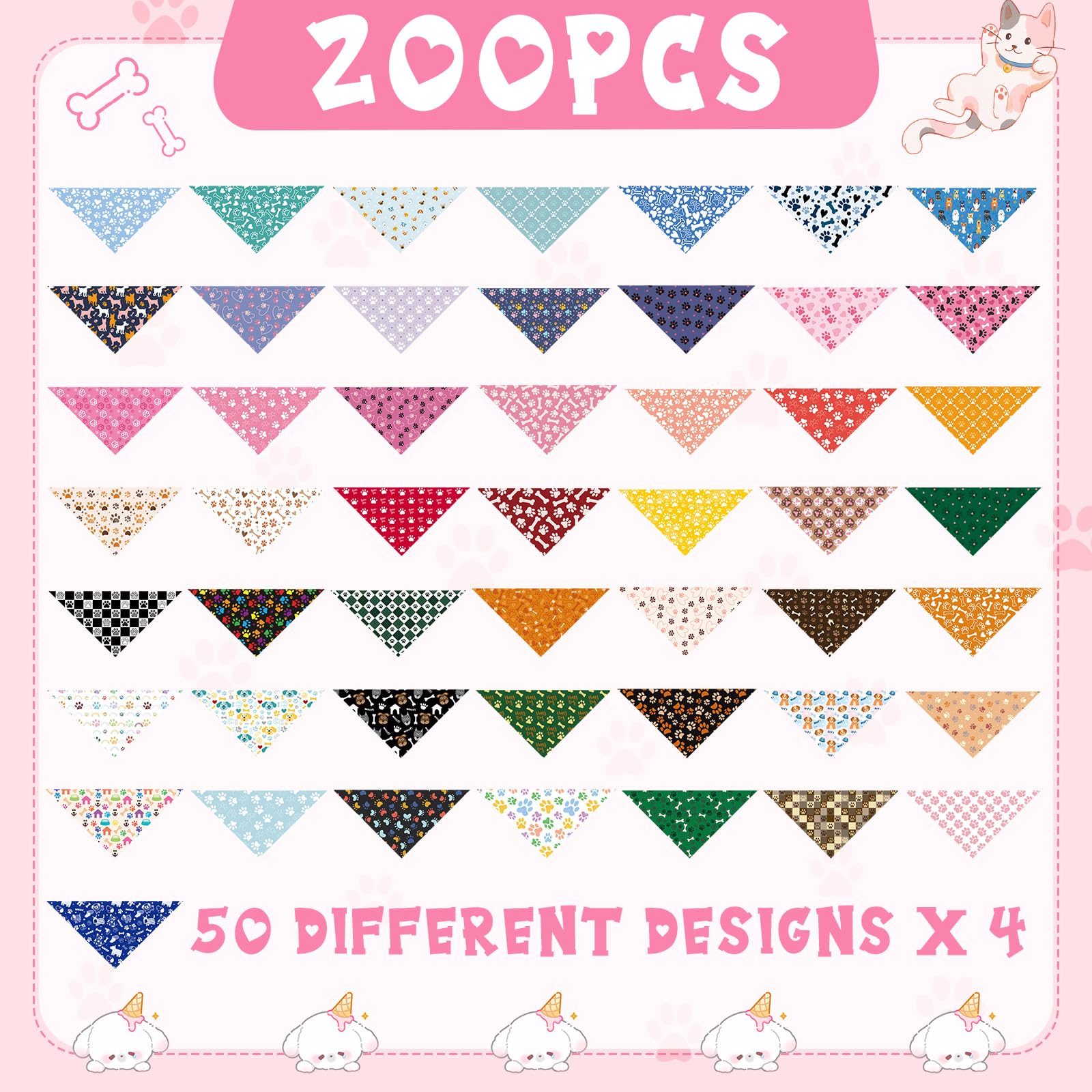 Kacctyen 200 Pcs Dog Bandanas Bulk Dog Paw Printed Pet Scarf Bibs Adjustable Washable Kerchief Daily Holiday Party Pet Costume A