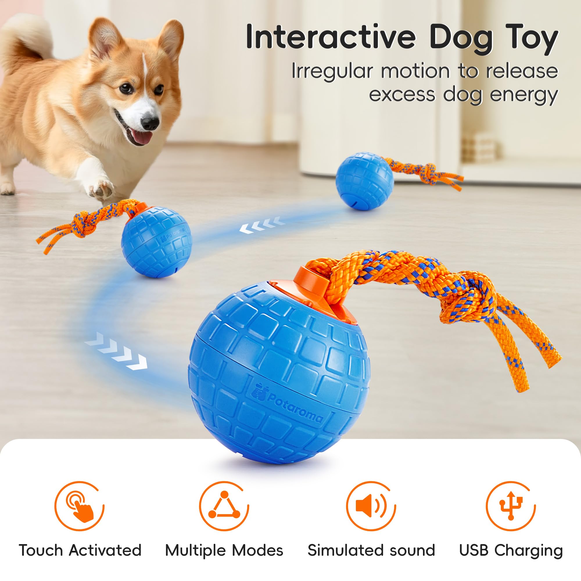 Potaroma Interactive Dog Ball Toys Touch Activated, Rechargeable Animal Sound Dog Toy, Durable Moving Ball For Pup With Chewing