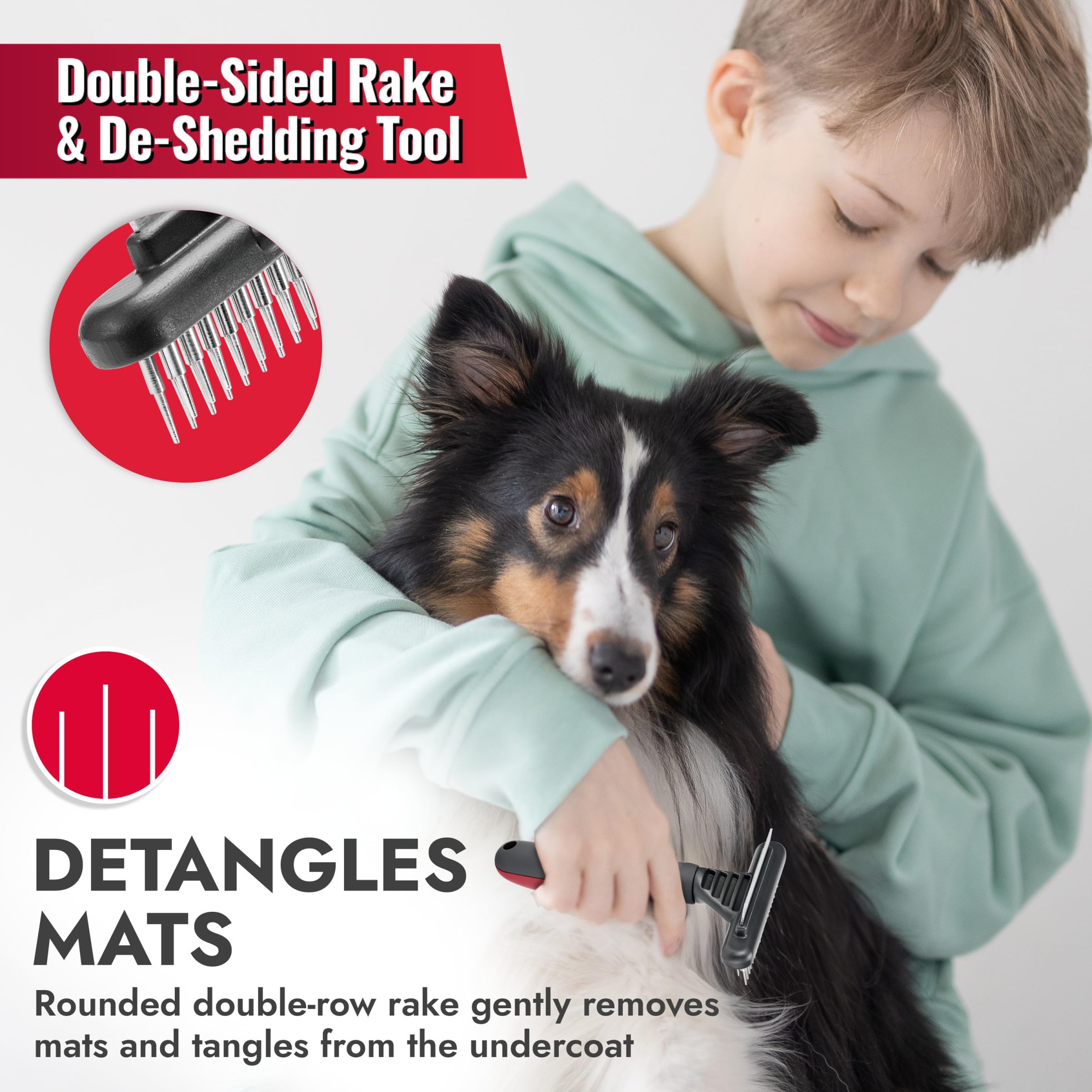 KONG Double-Sided Rake & Deshedding Tool - Detangling & Shedding Control, Rounded Metal Tips, Non-Slip Grip, for Medium to Large