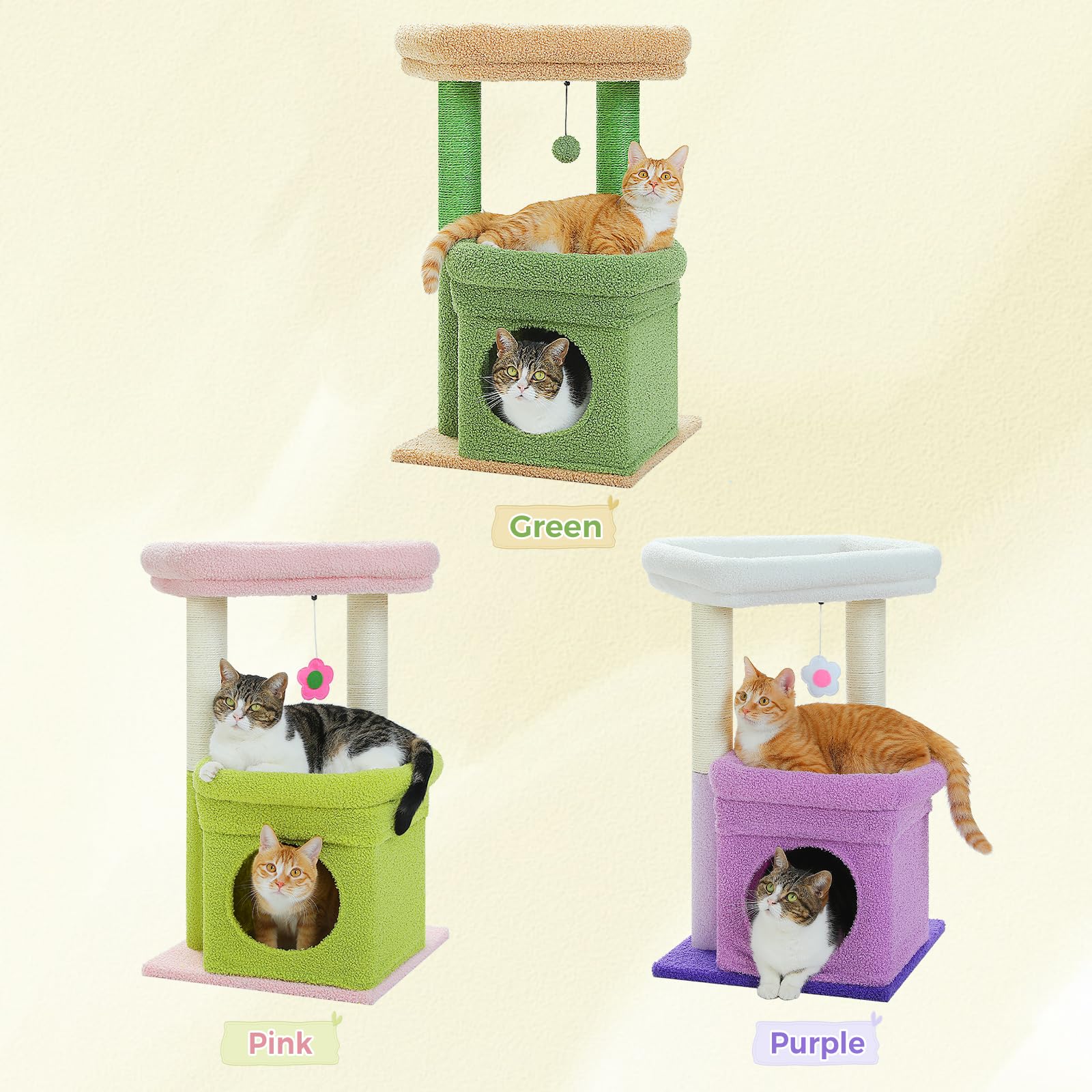 Pequlti Cat Tree Flower Cat Tower For Indoor Cats With Private Cozy Cat Condo, Natural Sisal Scratching Posts And Plush Pom-Pom