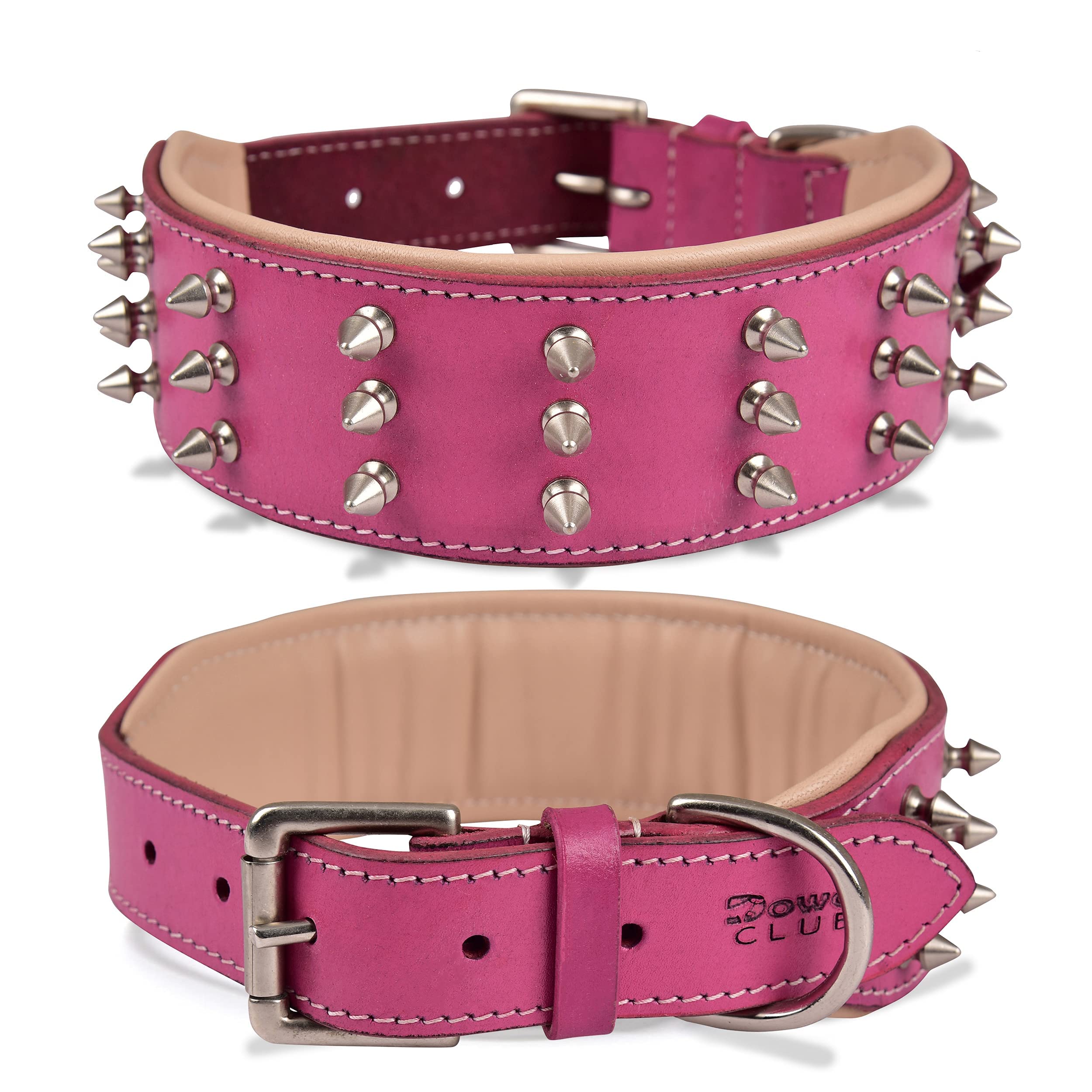 Dowgclub Spiked Leather Dog Collar - 2 Wide Full Grain Bridle Leather, Heavy Duty, Padded & Adjustable - For Large Breeds (L (