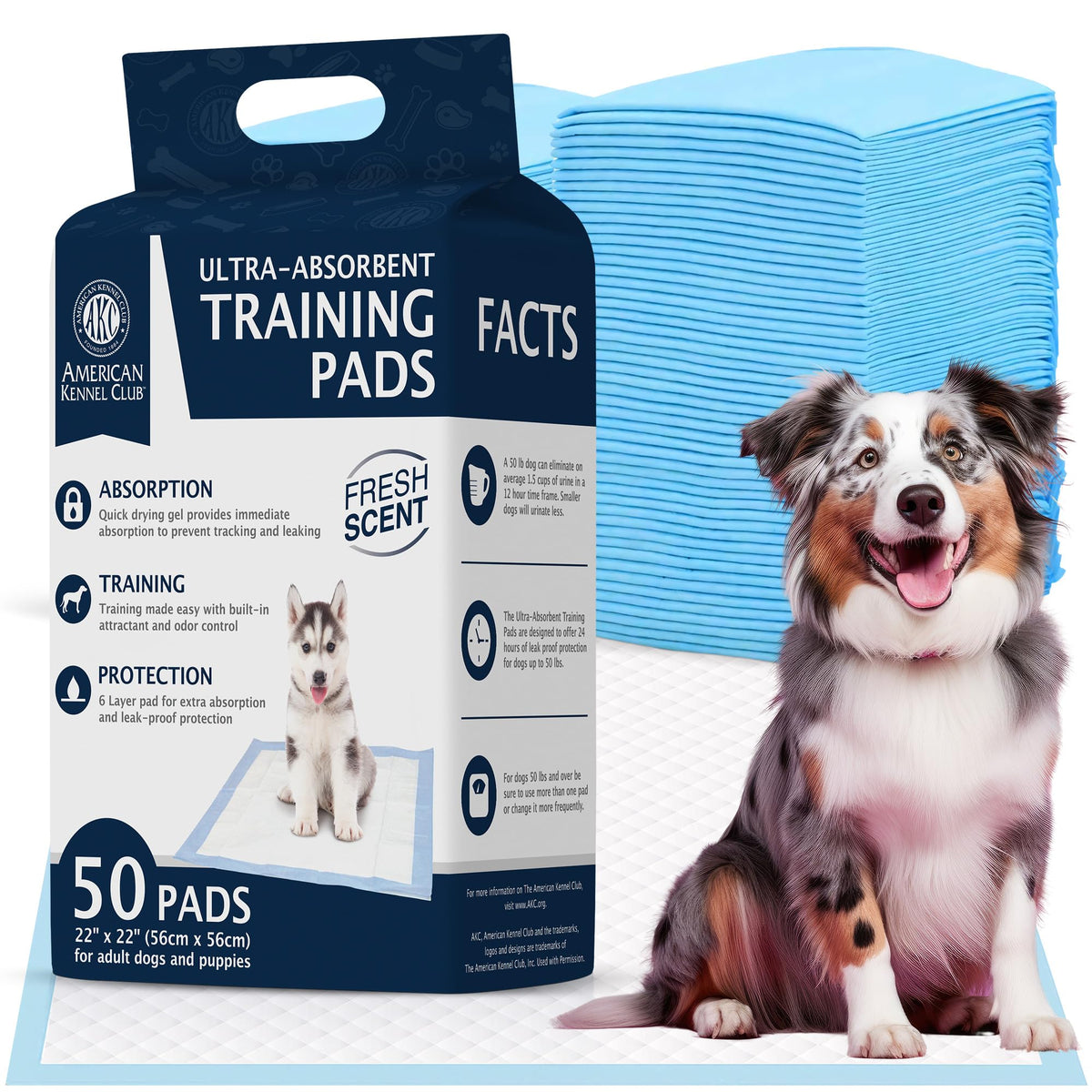 American Kennel Club Scented Puppy Training Pads With Ultra Absorbent Quick Dry Gel – 22 X 22 Puppy Pads - Fresh Scented - Pack Of 50