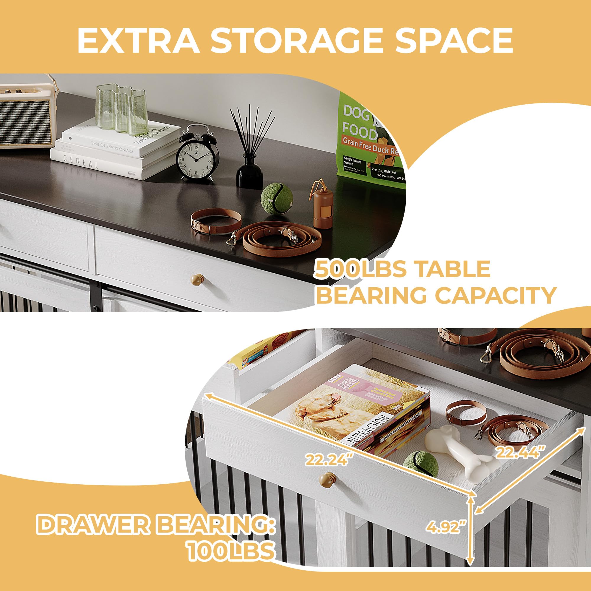 47 Dog Furniture Crate, Large Furniture Style Dog Crate w/ 2 Storage Draws & Removable Divider & Triple Door Design for Large/Me