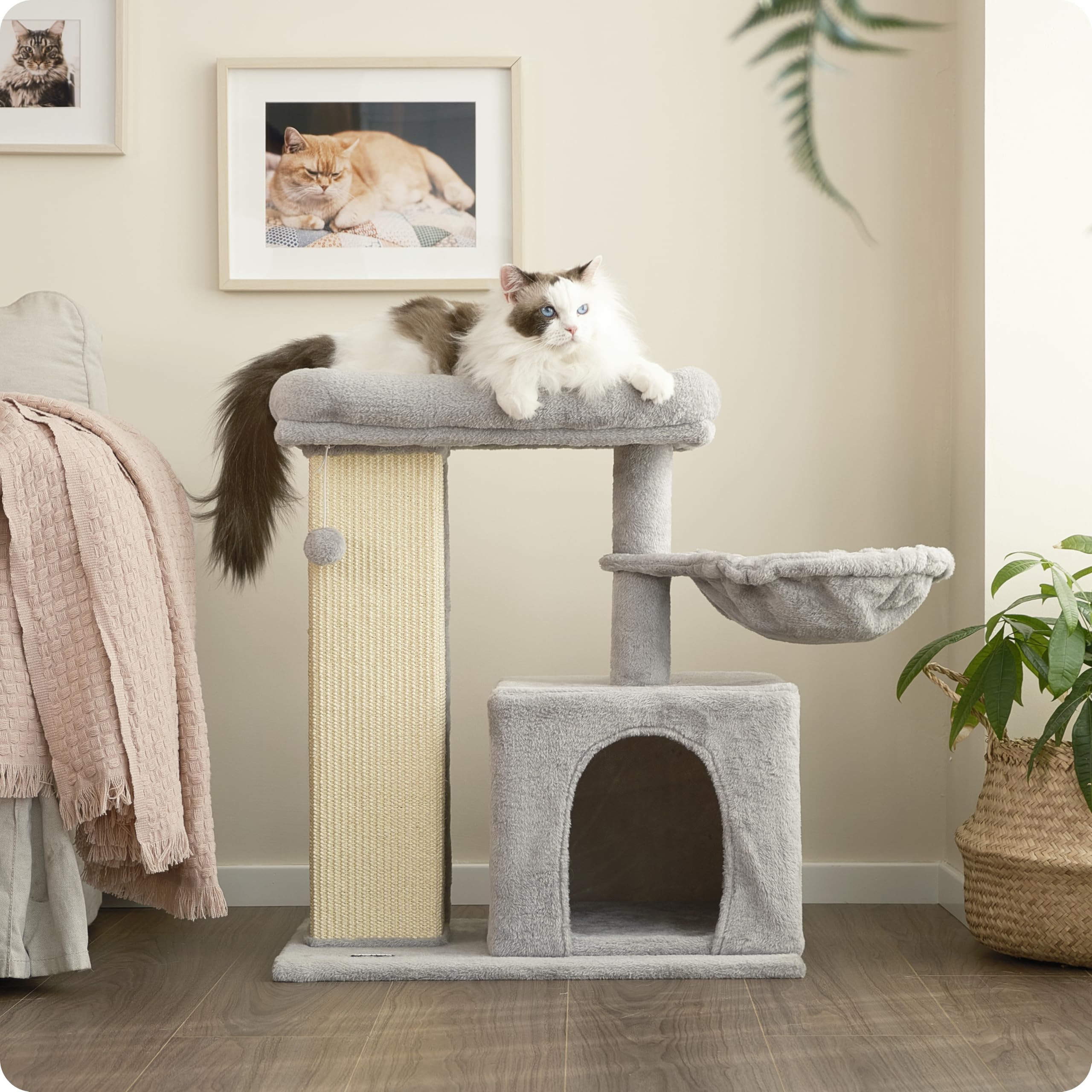 Ouritsu Cat Tree, 27 Inch Cat Tower For Large Cat Indoor, Enlarged Condo, 1 Widened Padded Perch, Luxury Tall Scratching Post, F