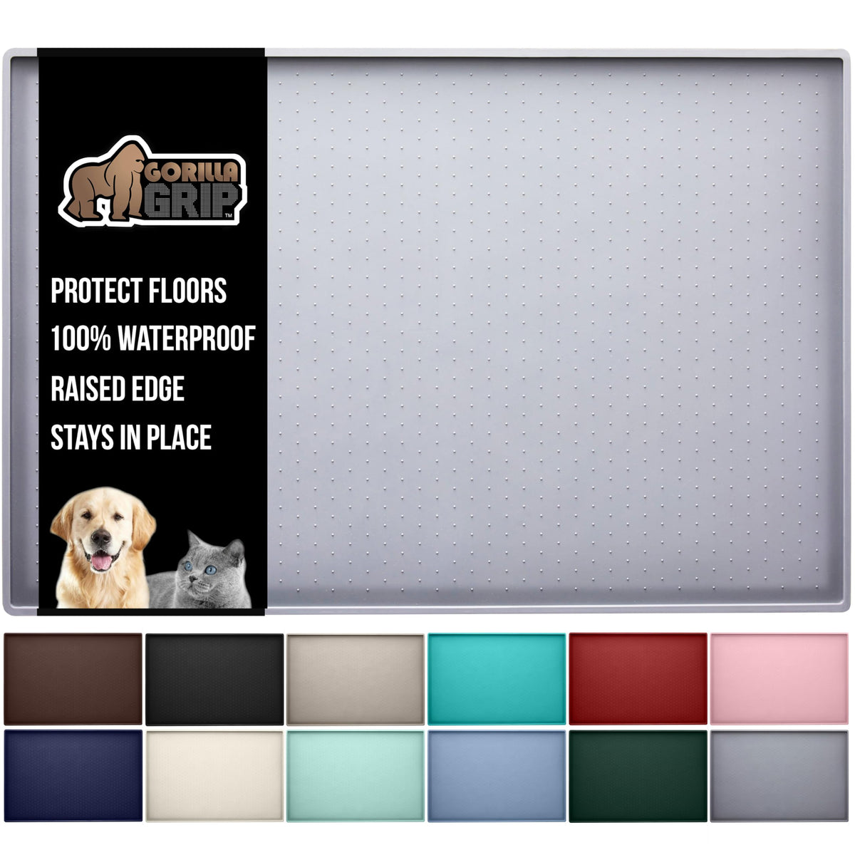 Gorilla Grip 100% Waterproof Raised Edge Bpa Free Silicone Pet Feeding Mat, Dog Cat Food Mats Contain Spills Protects Floors, Placemats For Cats, Dogs Water Bowl, Pets Accessories 16X10, Light Gray