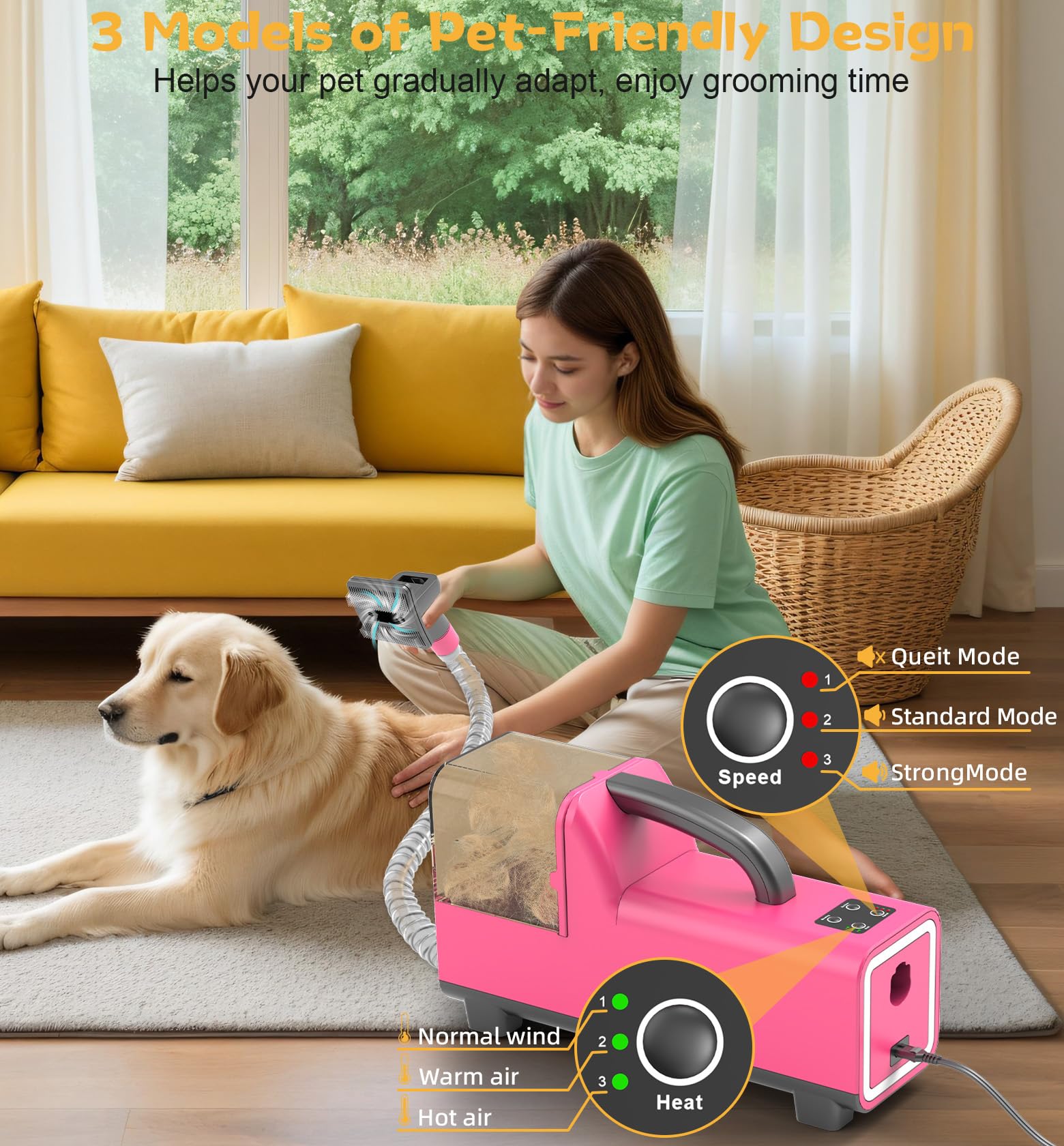 Likjhbn 5 In 1 Dog Grooming Vacuum Kit, Dog Hair Vacuum & Dryer For Pets Shedding Grooming With Dual Motors, 3 Suction & 3 Dryer