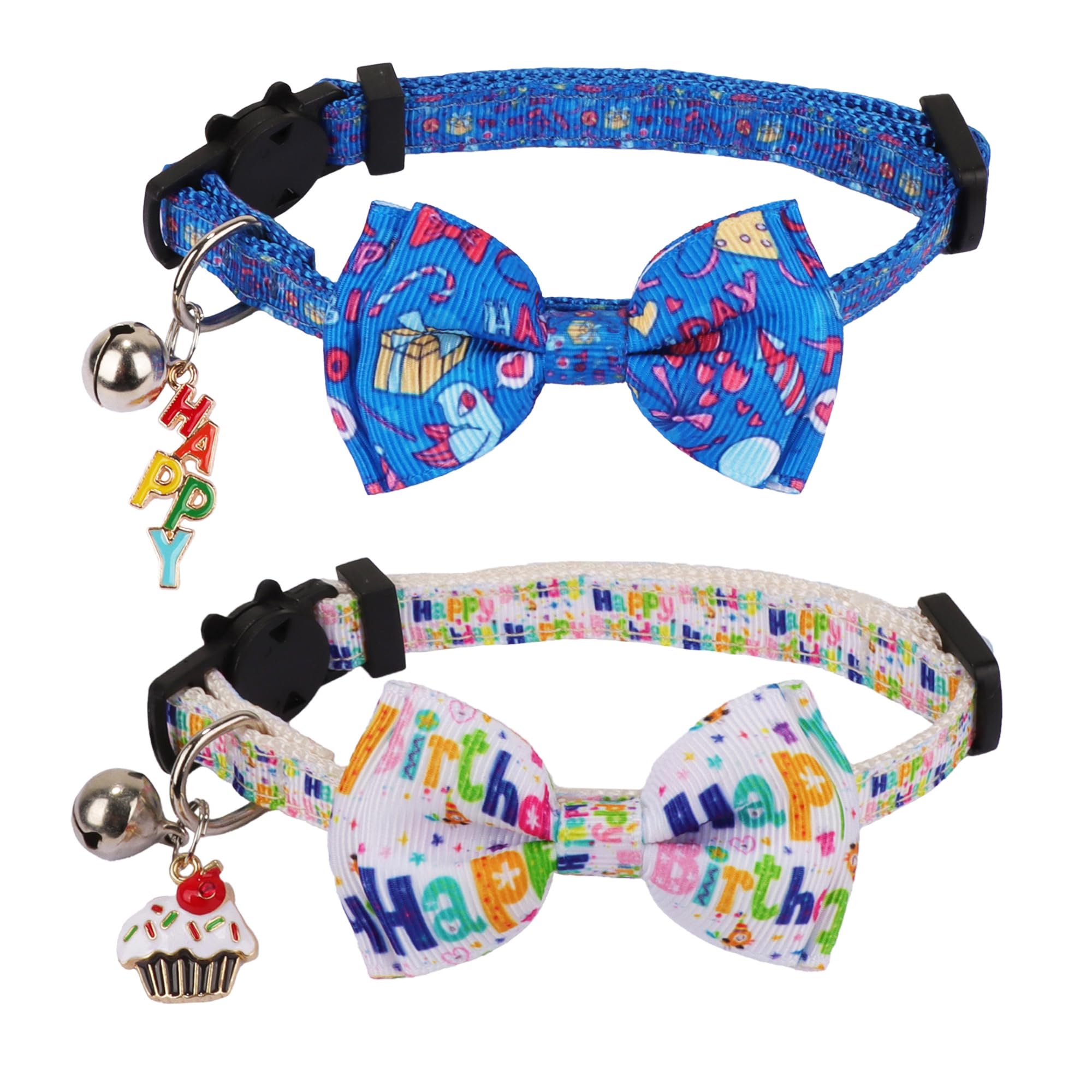 Adoggygo Birthday Cat Collars With Bow Bell, Breakaway White Blue Happy Birthday Bowtie Collars For Cats Kittens