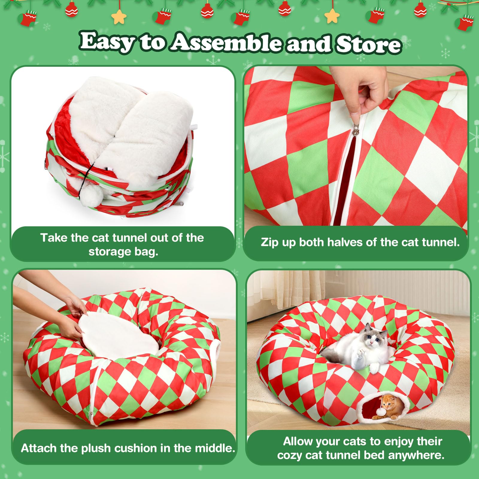 Checkered Dog Bed Cat Peekaboo Cat Cave Donut With Washable Cushion Cat Tunnels For Indoor Cats Festive Decor Perfect For Small