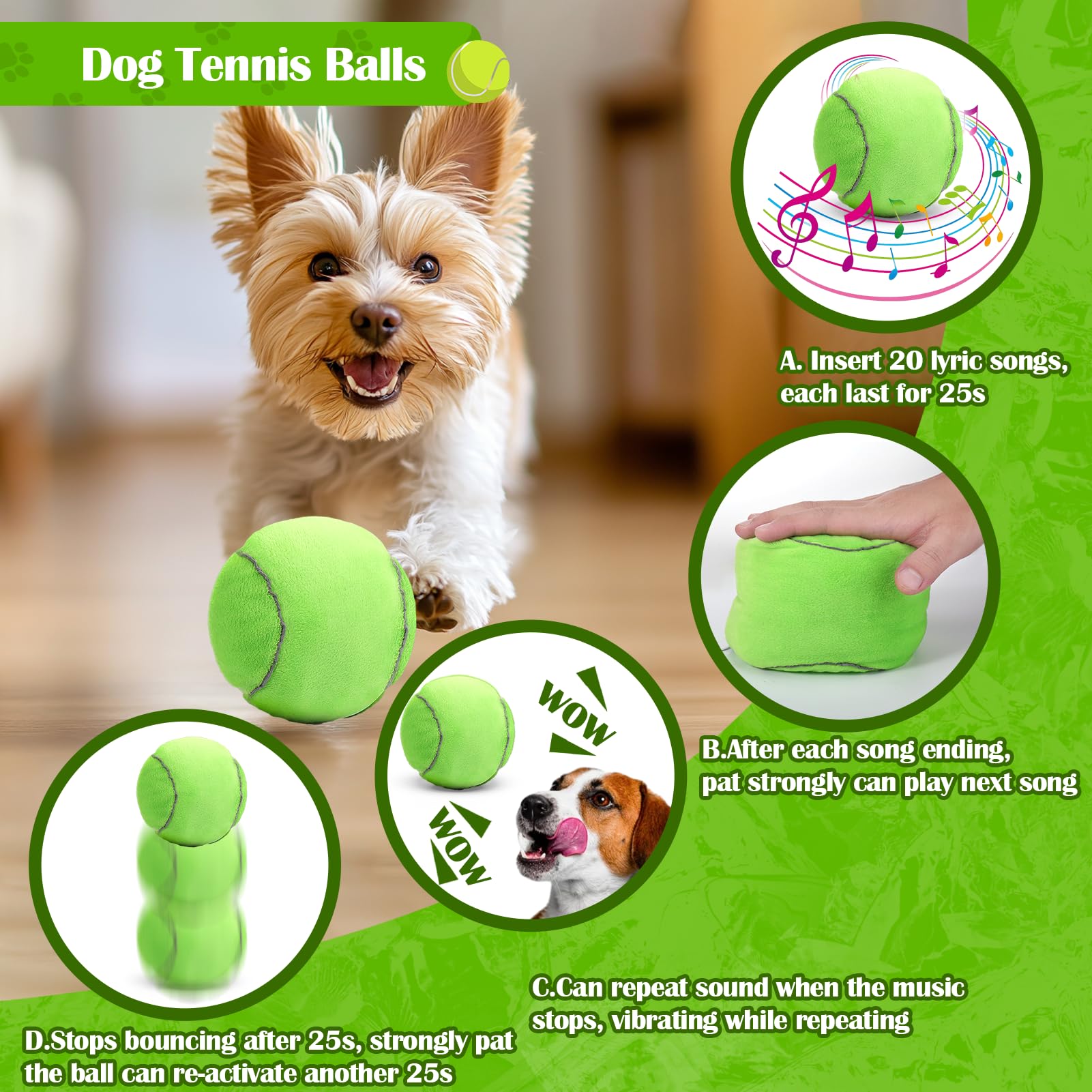 Interactive Dog Toys, Tennis Balls for Dogs with Pop Songs and Recording Mode, Rechargeable Active Self Moving Ball for Small/Me