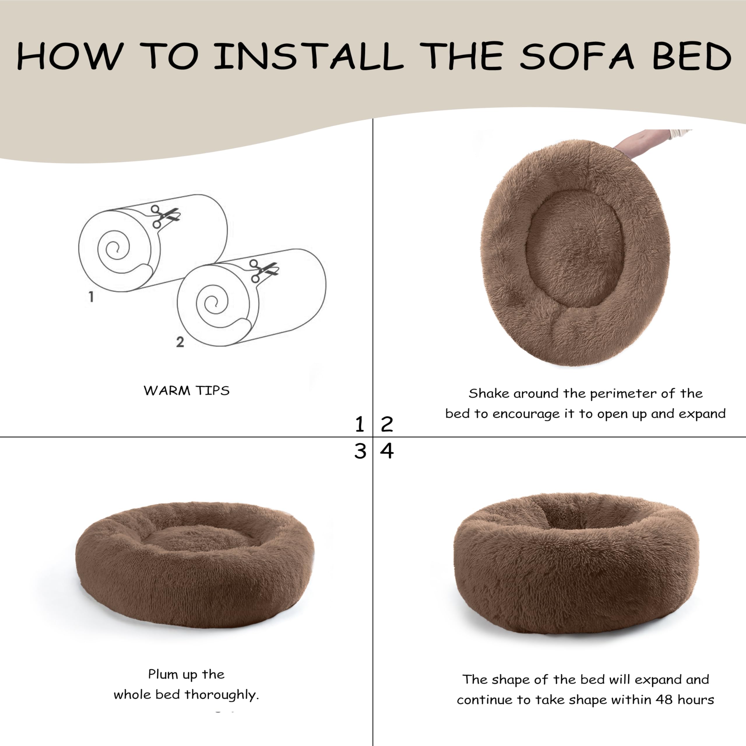 Bunlitent Calming Dog Bed, Plush Anti-Anxiety Donut, 39" Brown, Washable Marshmallow Cuddler Nest for Medium Large Dogs
