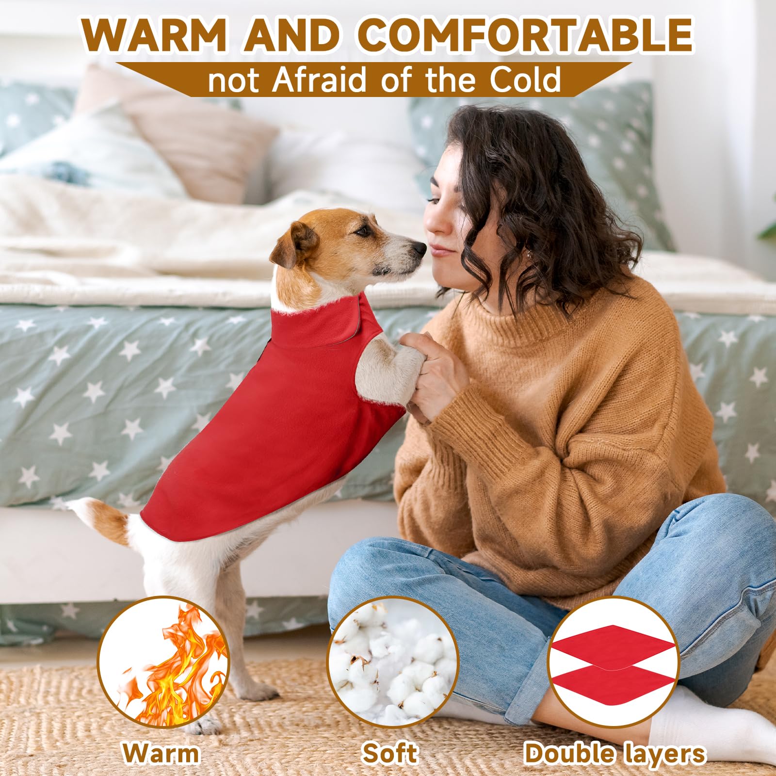 Fleece Dog Coat Pet Jacket Reflective For Cold Weather For Extra Large To Small Pets(Red,L)