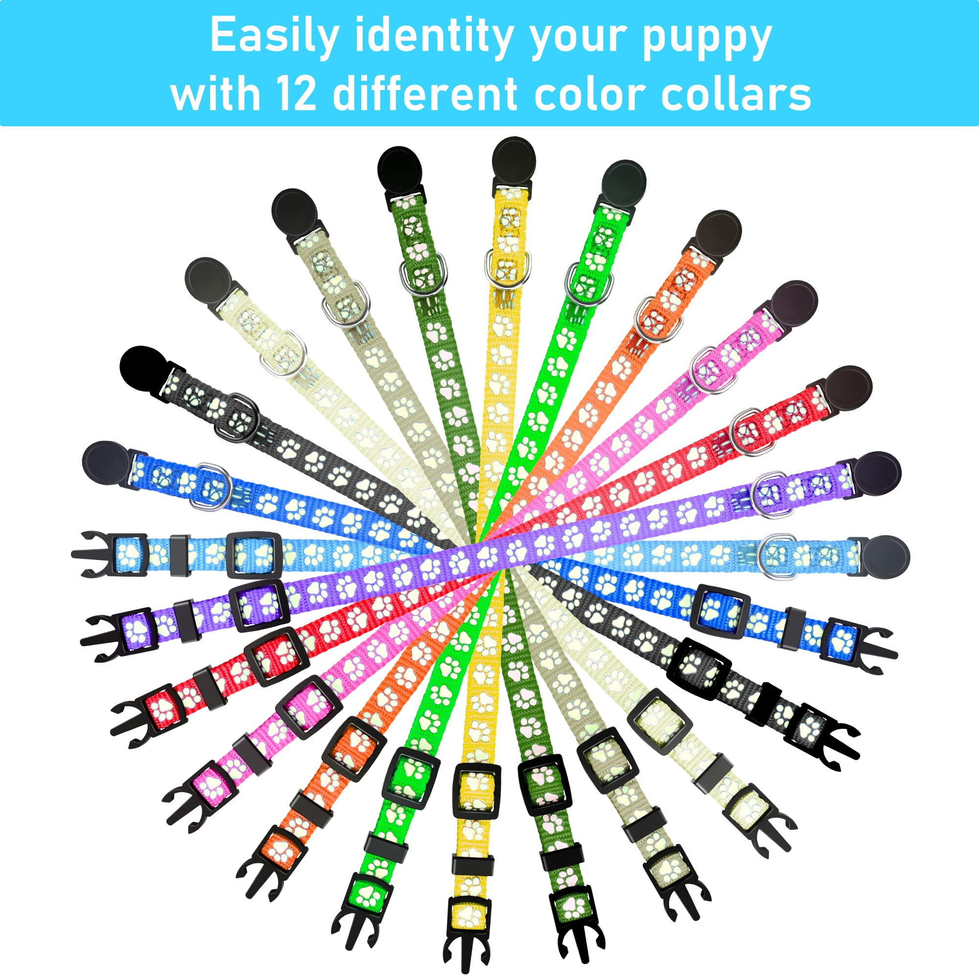 Gamuda 12Pcs Reflective Puppy Collars - Soft Nylon Whelping Id Collars Glow In The Dark, Adjustable Breakaway Litter With 2 Reco