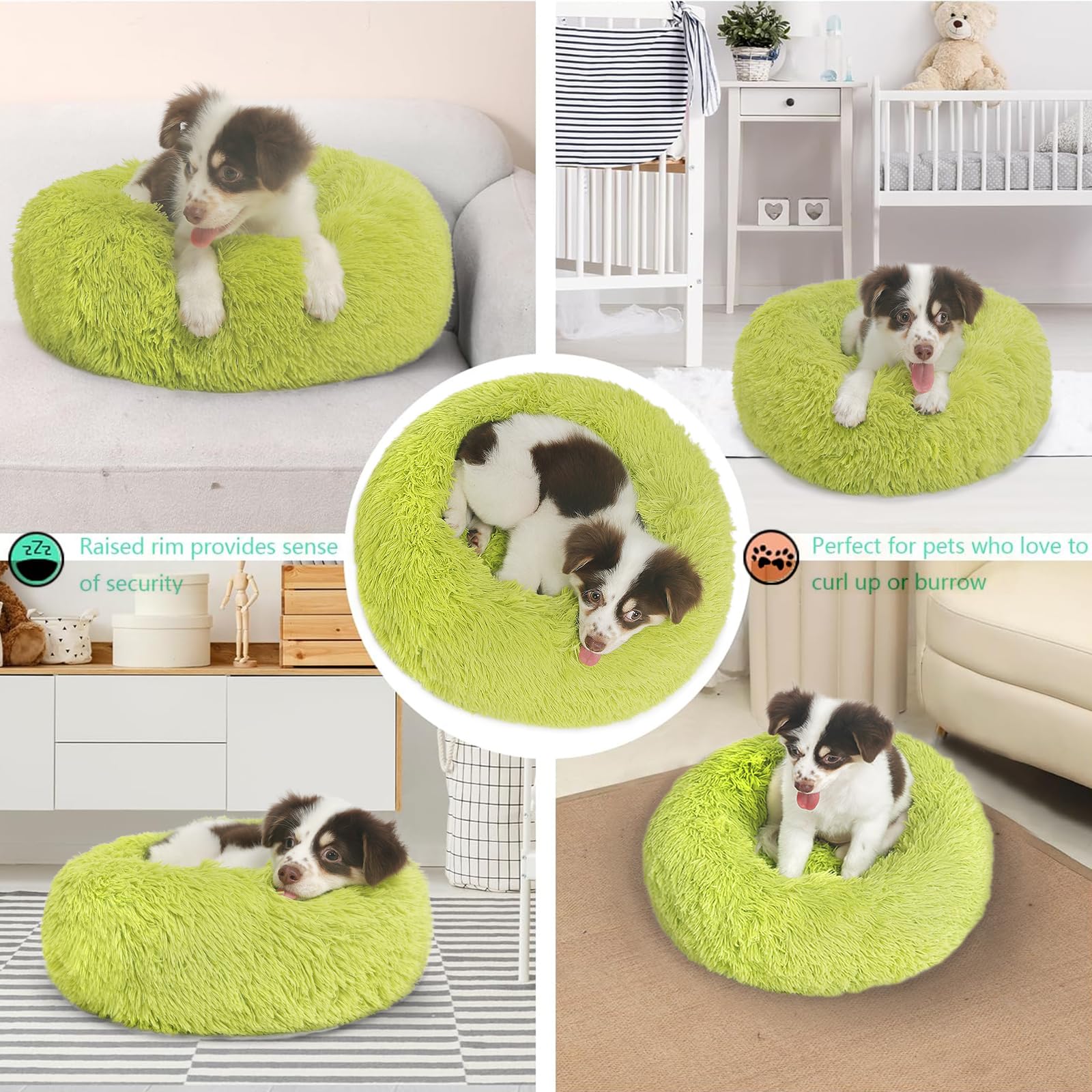 Nononfish Small Dog Bed Calming Dogs Bed For Small Dogs Anti-Anxiety Puppy Bed Machine Washable Fluffy Luxury Anti-Slip Waterproof Mute Base Warming Cozy Soft Pet Round Bed, Grass Green