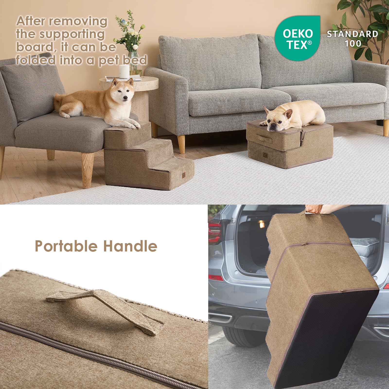 Eheyciga Dog Stairs For Small Dogs 13.5' H, 3-Step Dog Steps For Couch Sofa And Chair, Pet Steps For Small Dogs And Cats, Non-Slip Balanced Dog Indoor Ramp, Camel