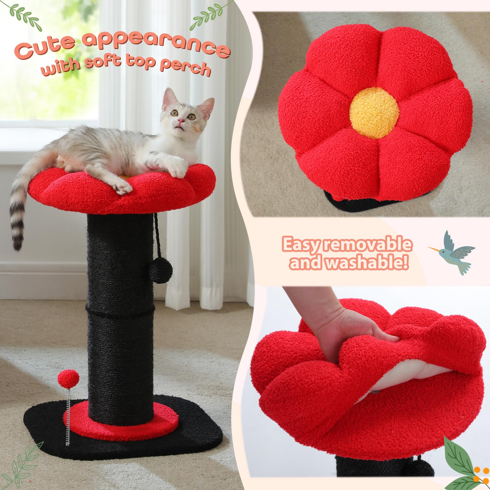 Pequlti Flower Cat Scratching Post, Gothic Cat Tree, Tall Scratcher For Indoor Cats With Super Thick Scratching Post [Dia=5.5'']