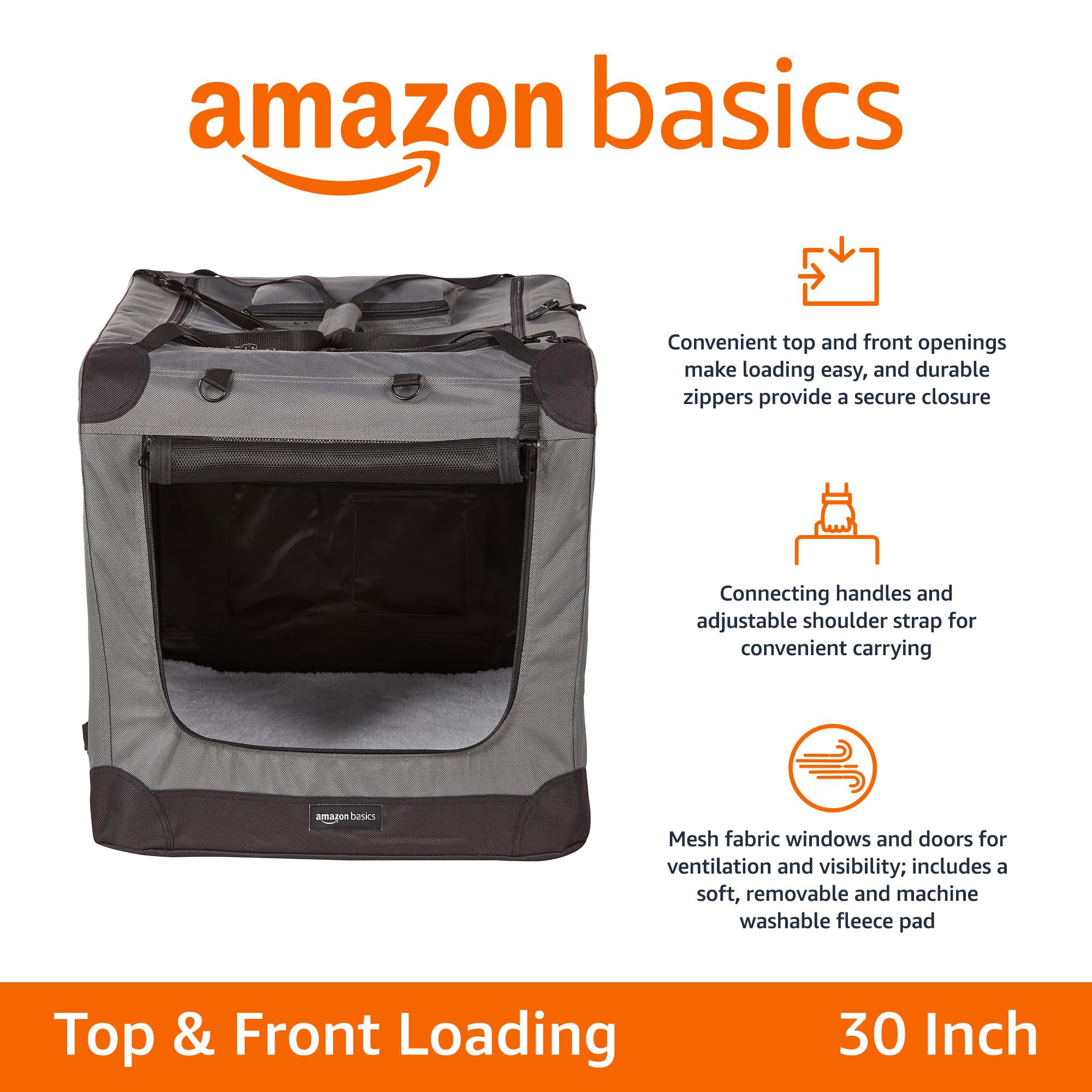 Amazon Basics Folding Portable Soft Pet Dog Crate Carrier Kennel, 30 X 21 X 21 Inches, Grey