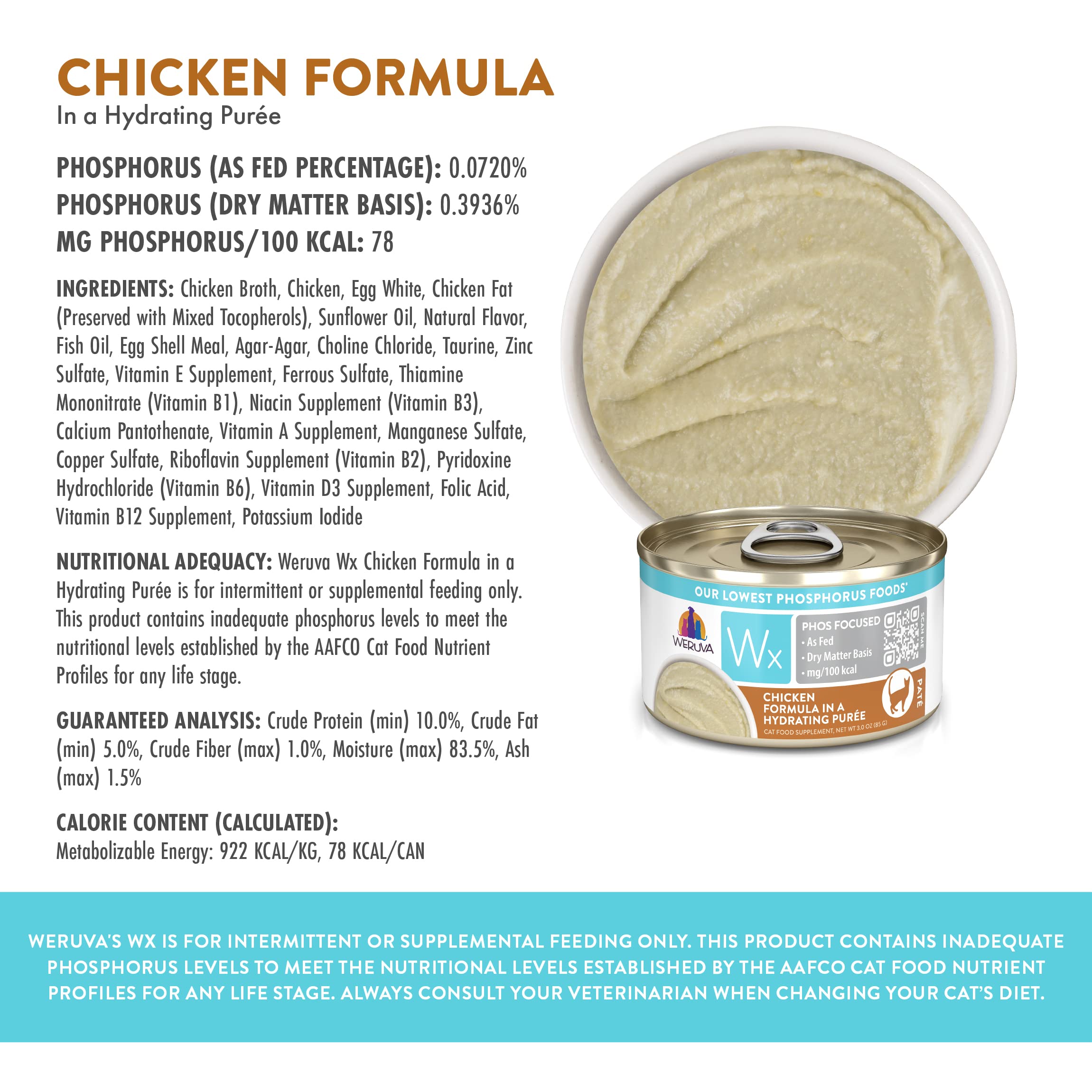 Weruva Wx Phos Focused, Chicken Formula in a Hydrating pur  e, 3oz Can (Pack of 12)