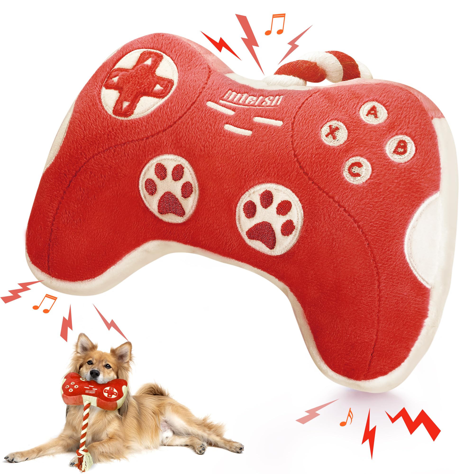 MTERSN Funny Squeaky Dog Toys for Small Dogs - Red Game Controller Plush Chew Toy with Full Crinkle Paper, Cute Interactive Pupp