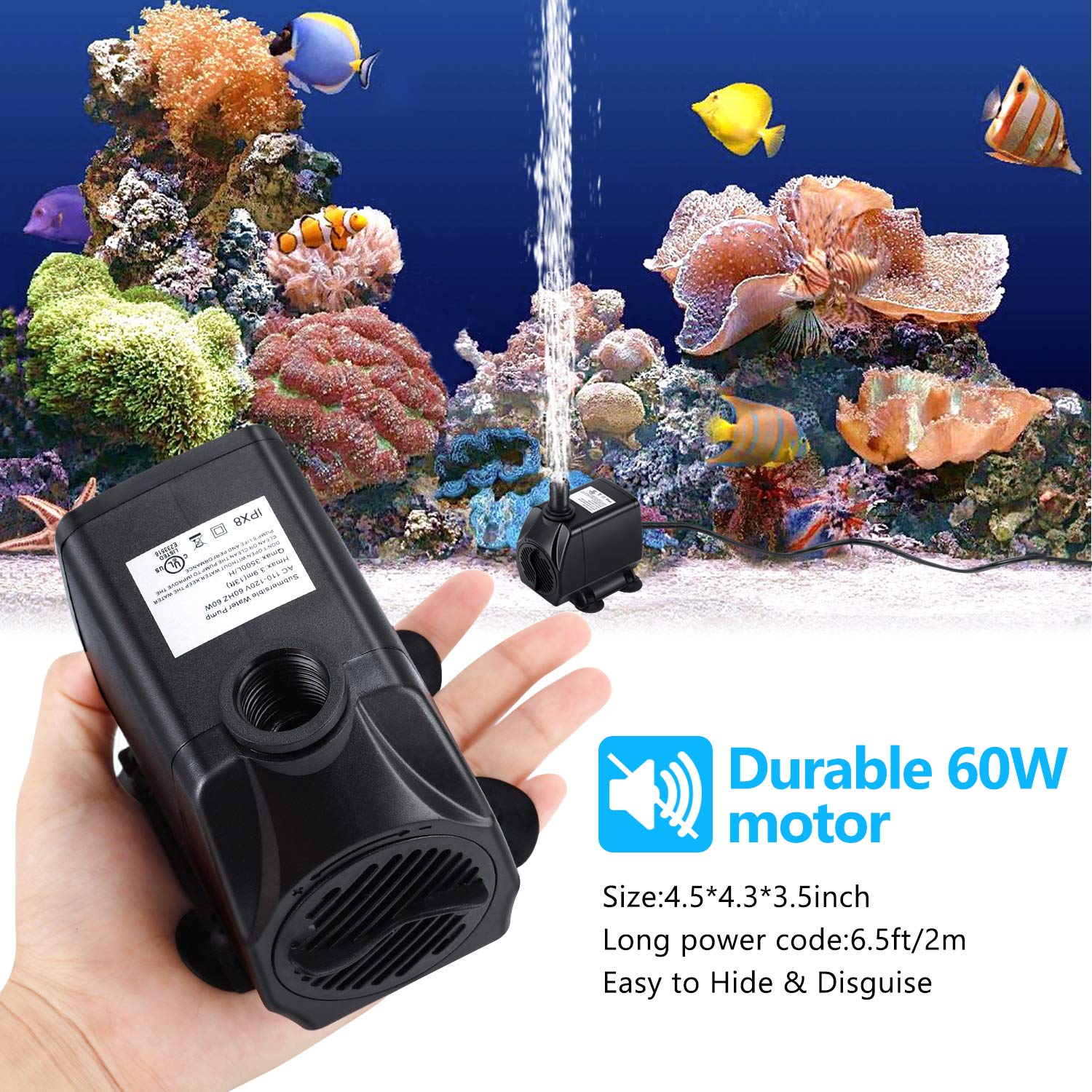Cwkj Fountain Pump, 880Gph Submersible Water Pump, Durable 60W Outdoor Fountain Water Pump With 6.5Ft Power Cord, 3 Nozzles For