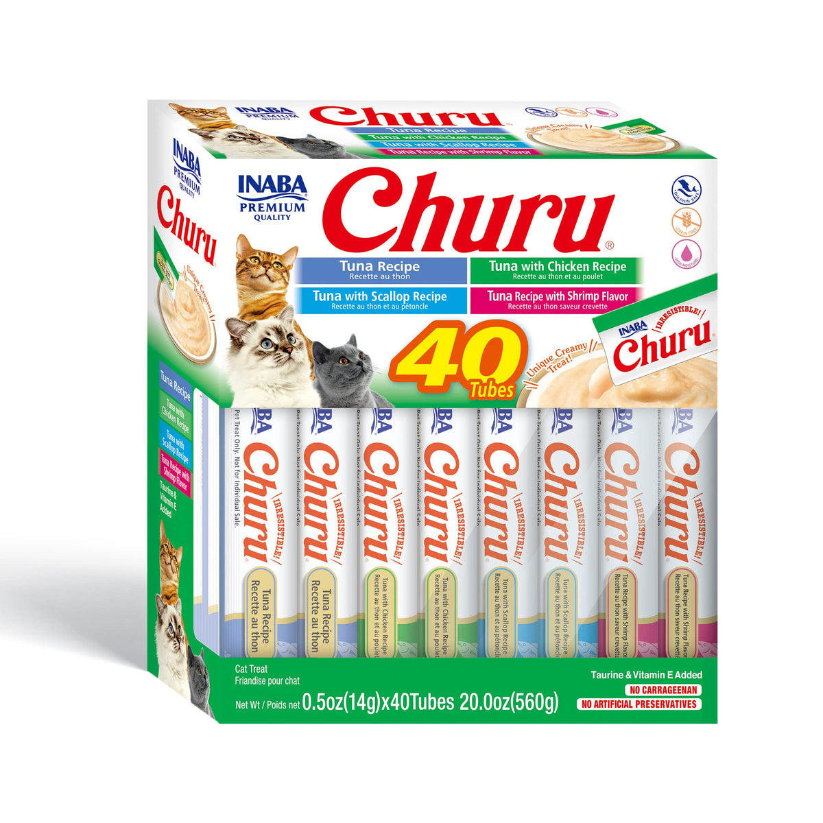 Inaba Churu Cat Treats, Grain-Free, Lickable, Squeezable Creamy Purée Cat Treat/Topper With Vitamin E & Taurine, 0.5 Ounces Each, 40 Tubes, Tuna & Seafood Variety Box