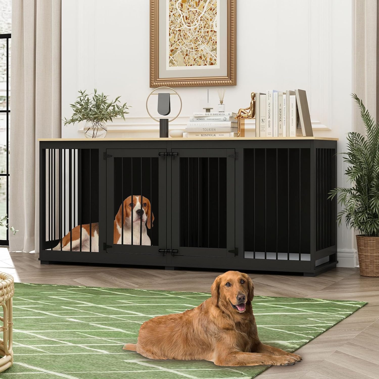 DAWNSPACES Double Dog Crates Furniture for Large Dogs, 71  Heavy Duty Wooden Kennel with Tray & Removable Divider, Indoor Furnit