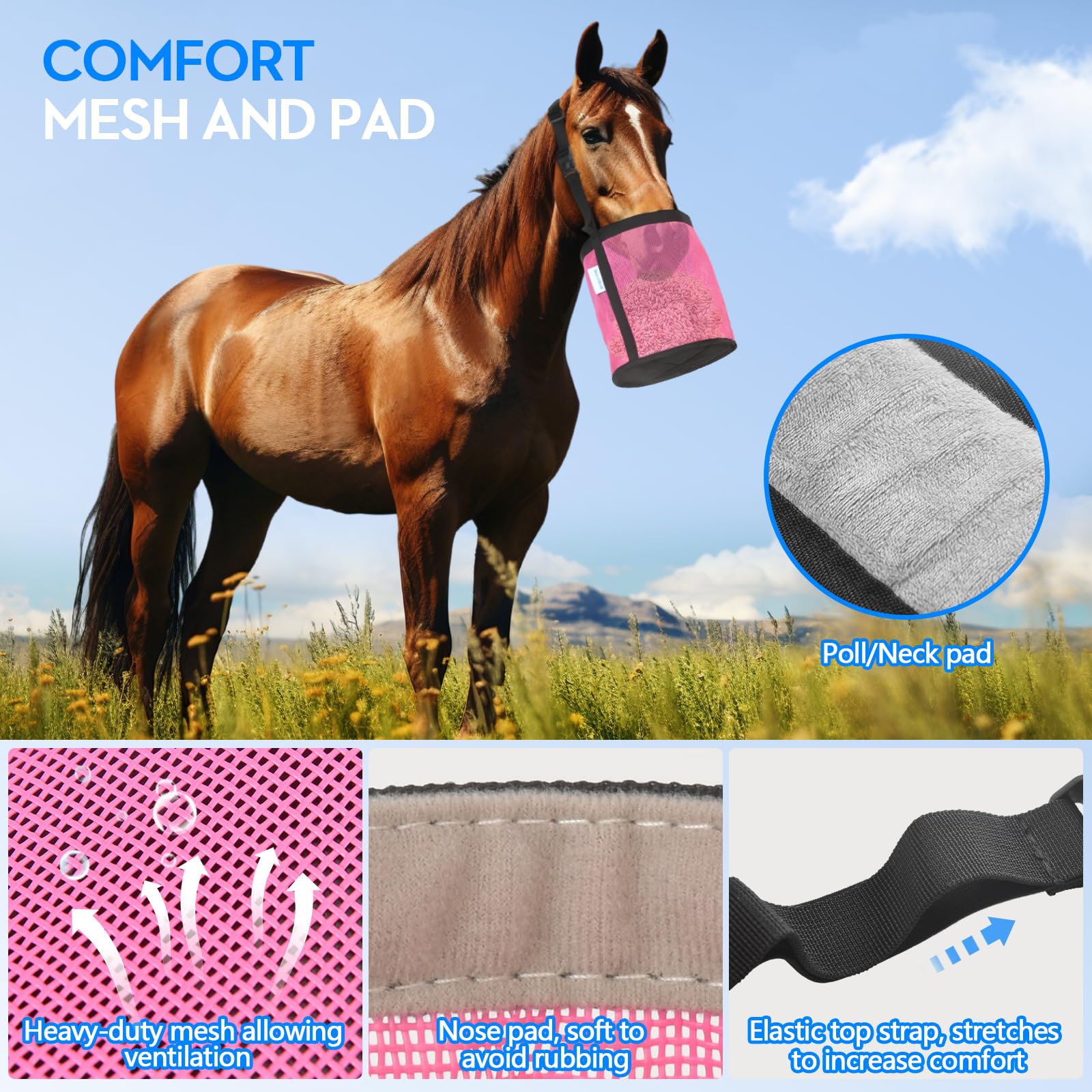 WARMWOW Horse Feed Bag Pack of 2, Feed Bags for Horses with Ventilation Mesh, Comfort Nose Pad Neck Pad, Adjustable Strap, Spill