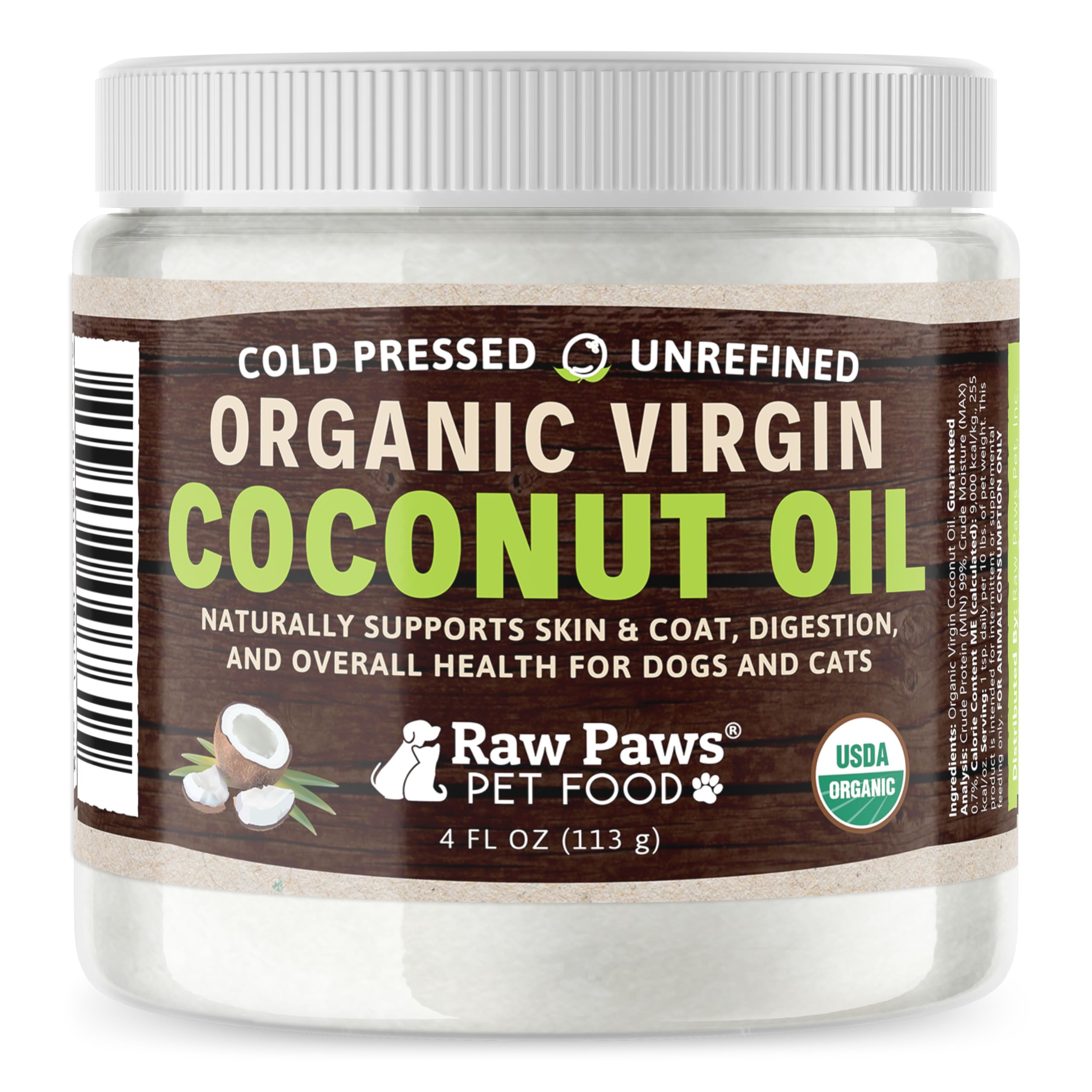 Raw Paws Organic Virgin Coconut Oil for Dogs & Cats, 4-oz - Supports Immune System, Digestion, Oral Health, Thyroid - All Natura