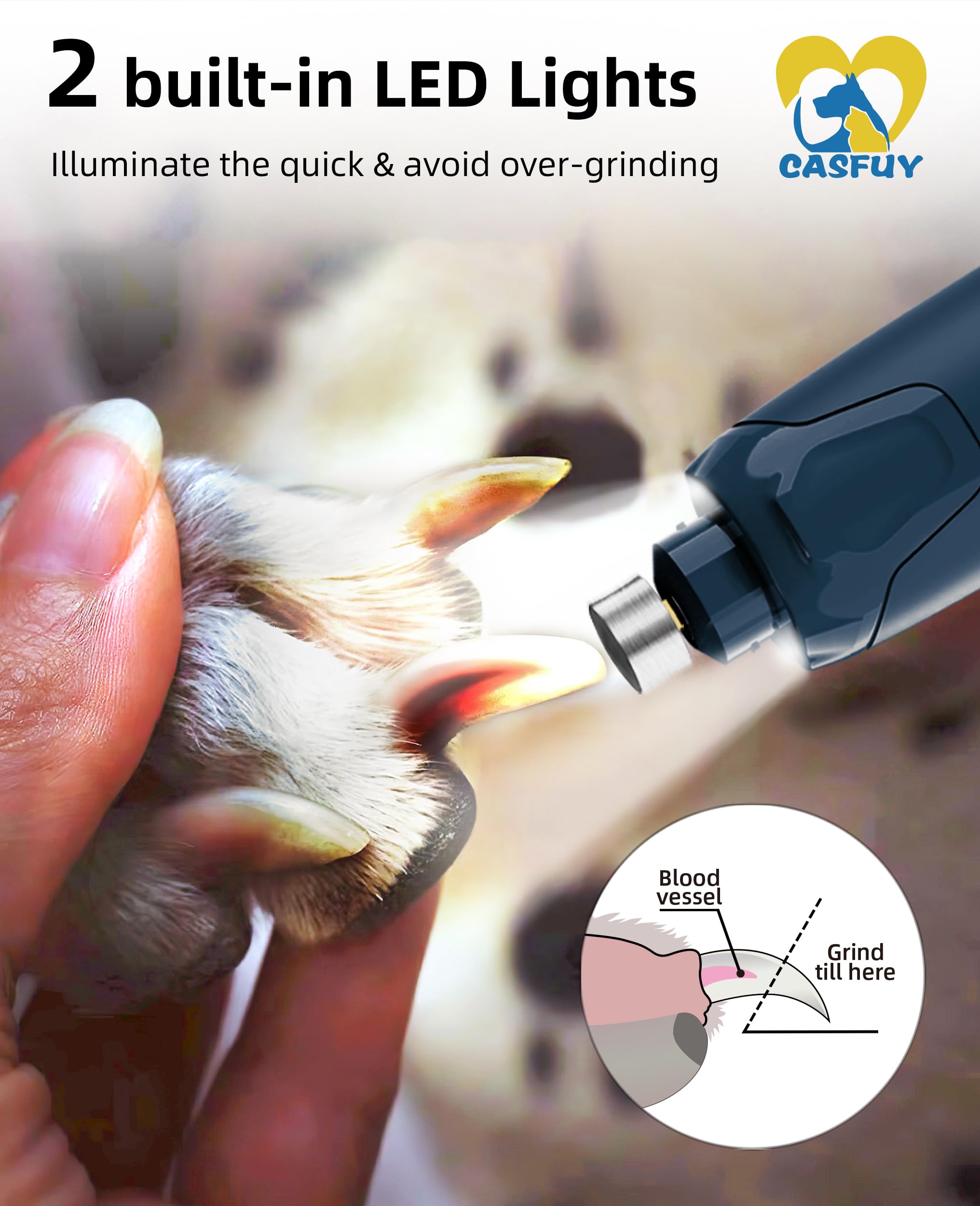 Casfuy Dog Nail Grinder Quiet - (45Db) 6-Speed Pet Nail Grinder With 2 Led Lights For Large Medium Small Puppy Dogs/Cats, Professional 3 Ports Rechargeable Electric Dog Nail Trimmer With Dust Cap