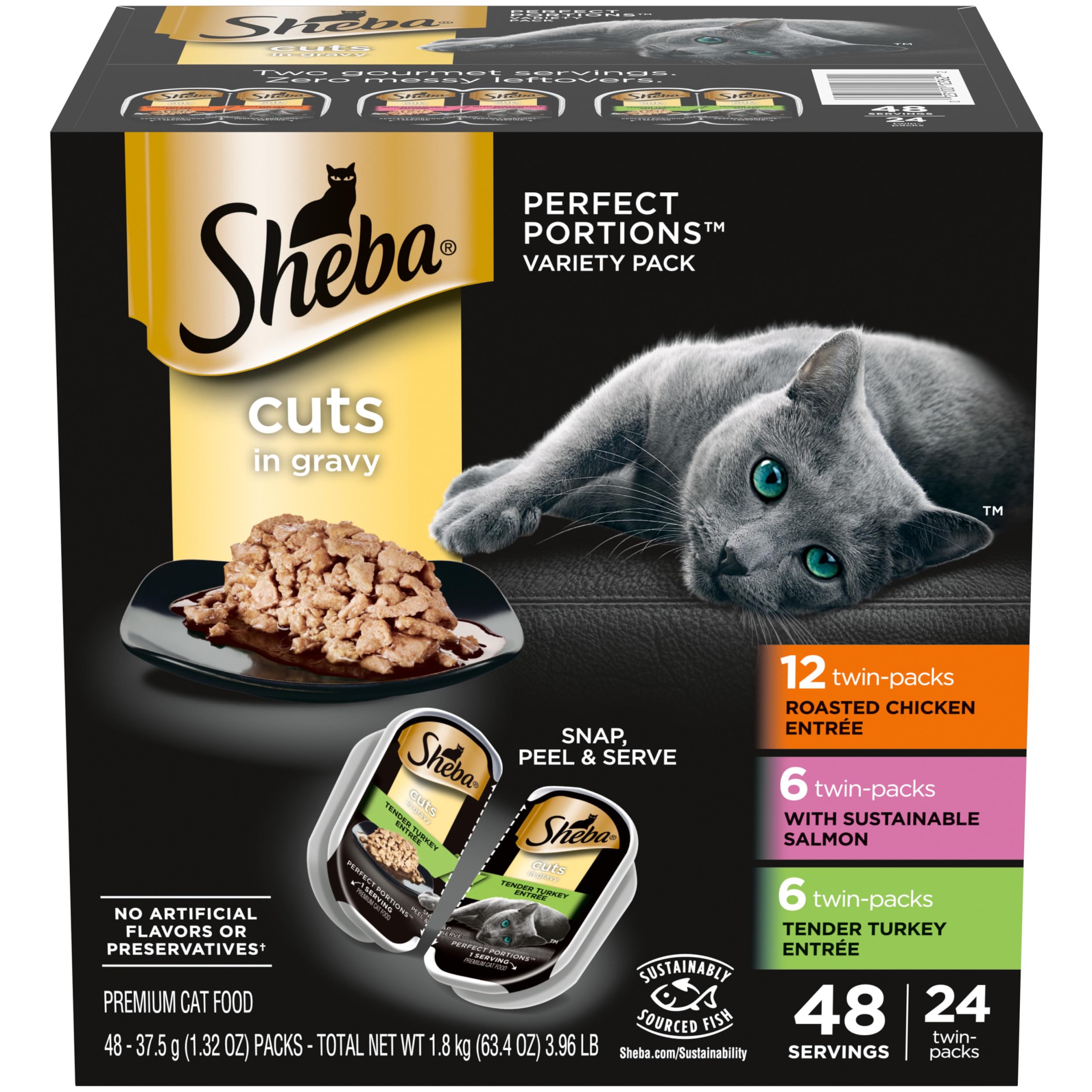 SHEBA Perfect Portions Cuts in Gravy Wet Cat Food Trays (24 Count, 48 Servings), Roasted Chicken, Gourmet Salmon and Tender Turk