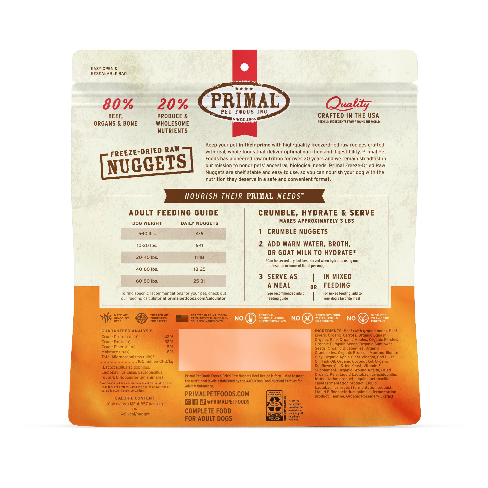 Primal Freeze Dried Raw Dog Food Nuggets, Beef, Complete & Balanced Meal, Also Use as Topper or Treat, Premium, Healthy, Grain F