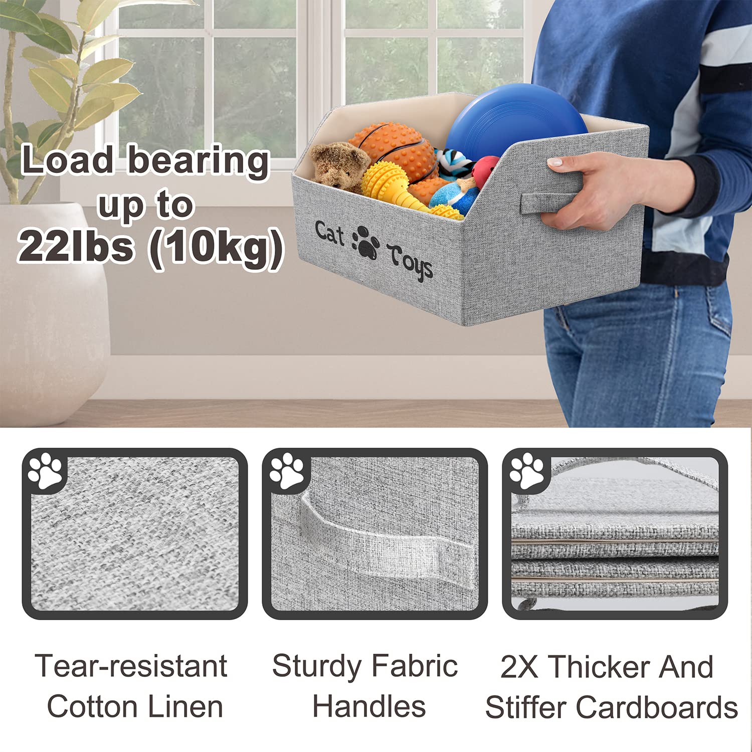 LOVSTORAGE Cat Toy Bin - 2X Thicker Collapsible Storage Basket, Grey, Cotton Linen & Cardboard, Model A17-11