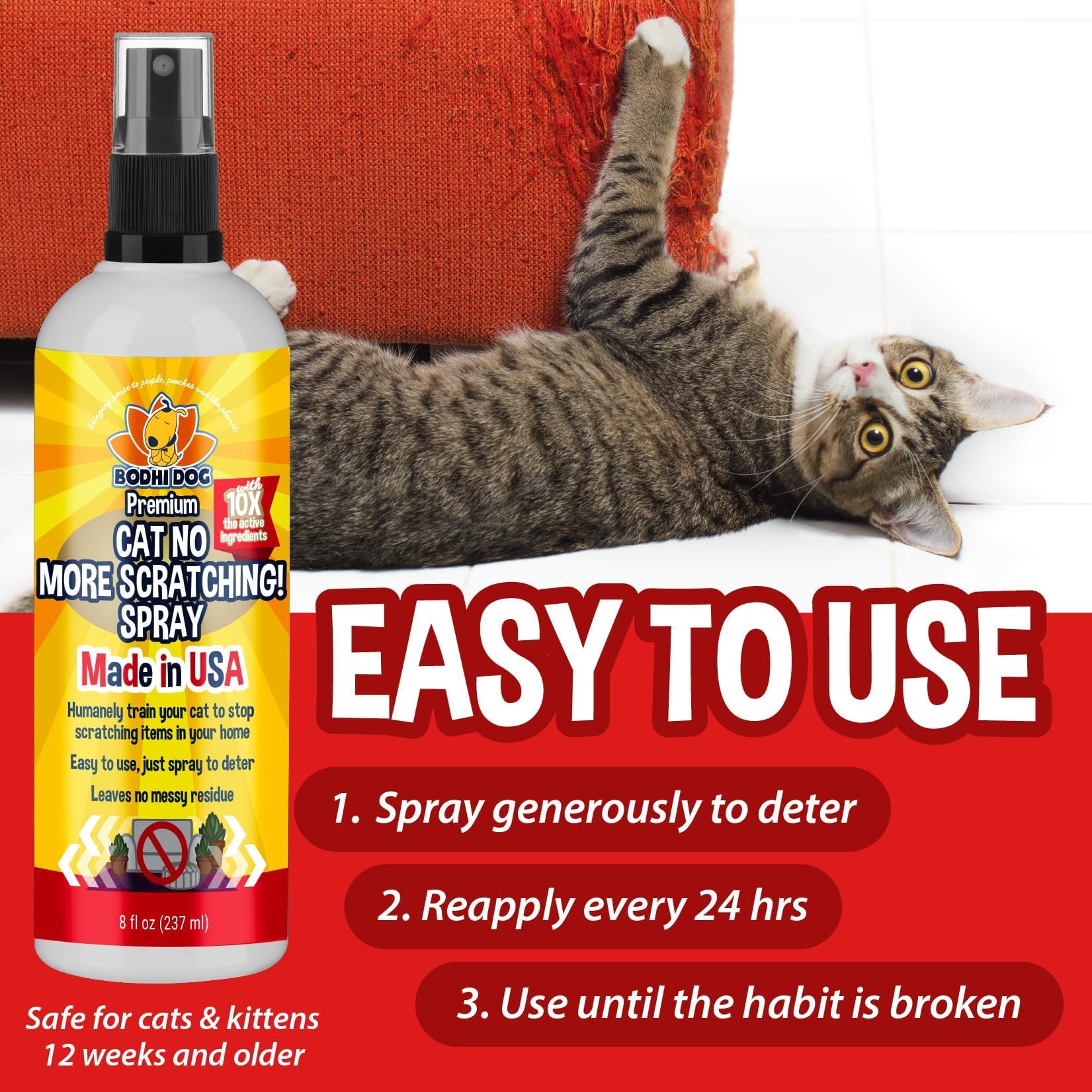 Bodhi Dog No More Scratching! Cat Deterrent Spray, Indoor & Outdoor Repellent W/Essential Oils - Safe & Effective Formula - Prevents Scratches On Furniture, Protects Surfaces - Made In Usa (8 Fl Oz)