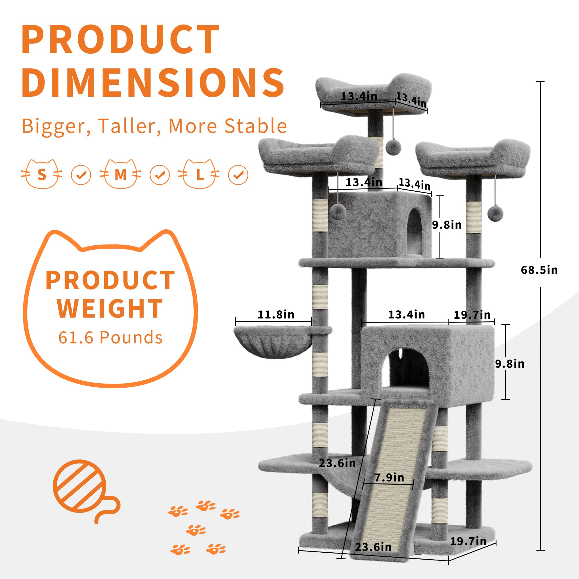 68 Inches Multi-Level Large Cat Tree For Large Kitties/Big Cat Tower With Condo/Cozy Plush Pussycat Perches/Sisal Scratching Pos