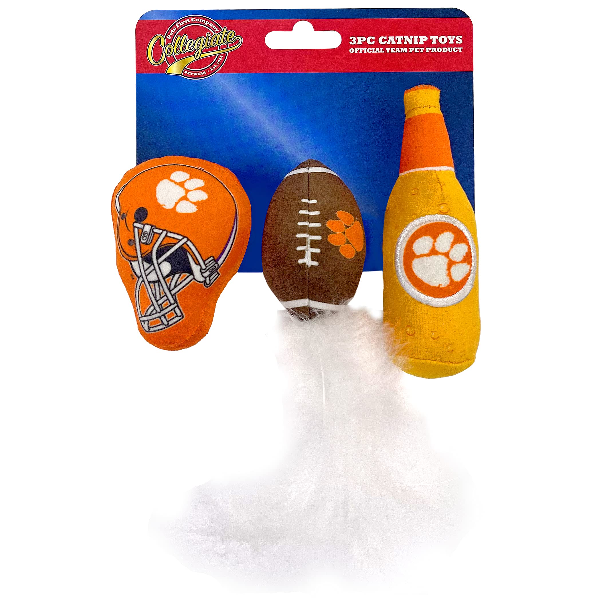 Best Plush Cat Toy - Ncaa Clemson Tigers Complete Set Of 3 Piece Cat Toys Filled With Fresh Catnip. Includes: 1 Helmet Cat Toy, 1 Football Cat Toy With Feathers & 1 Beer Bottle. Beautiful Team Logos
