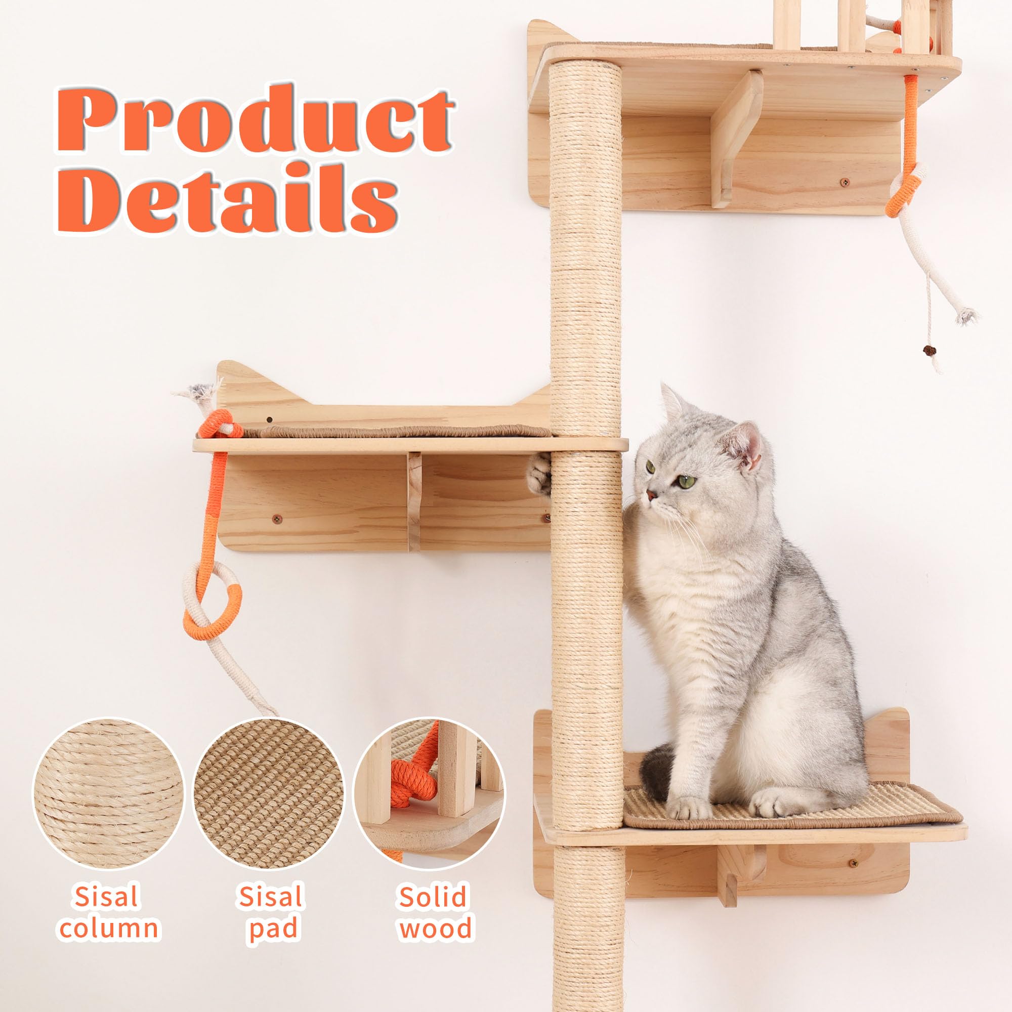 MIUZMORE Wall Mounted Cat Tree - 7 PCS Cat Wall Shelves & Perches with Tall Sisal Scratching Posts, Wall Mount Cat Climbing Tree